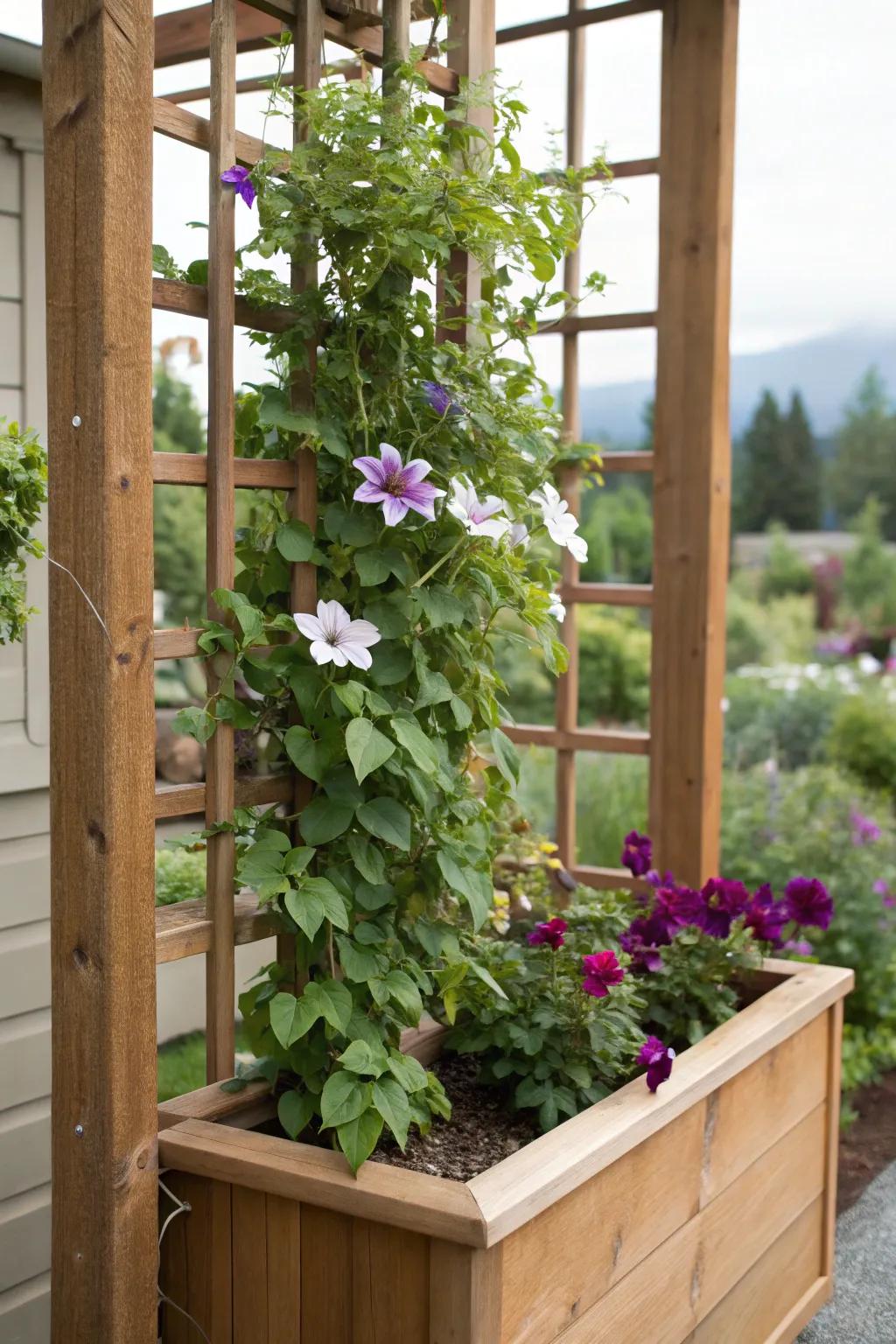 A trellis with a built-in planter maximizes space for clematis growth.