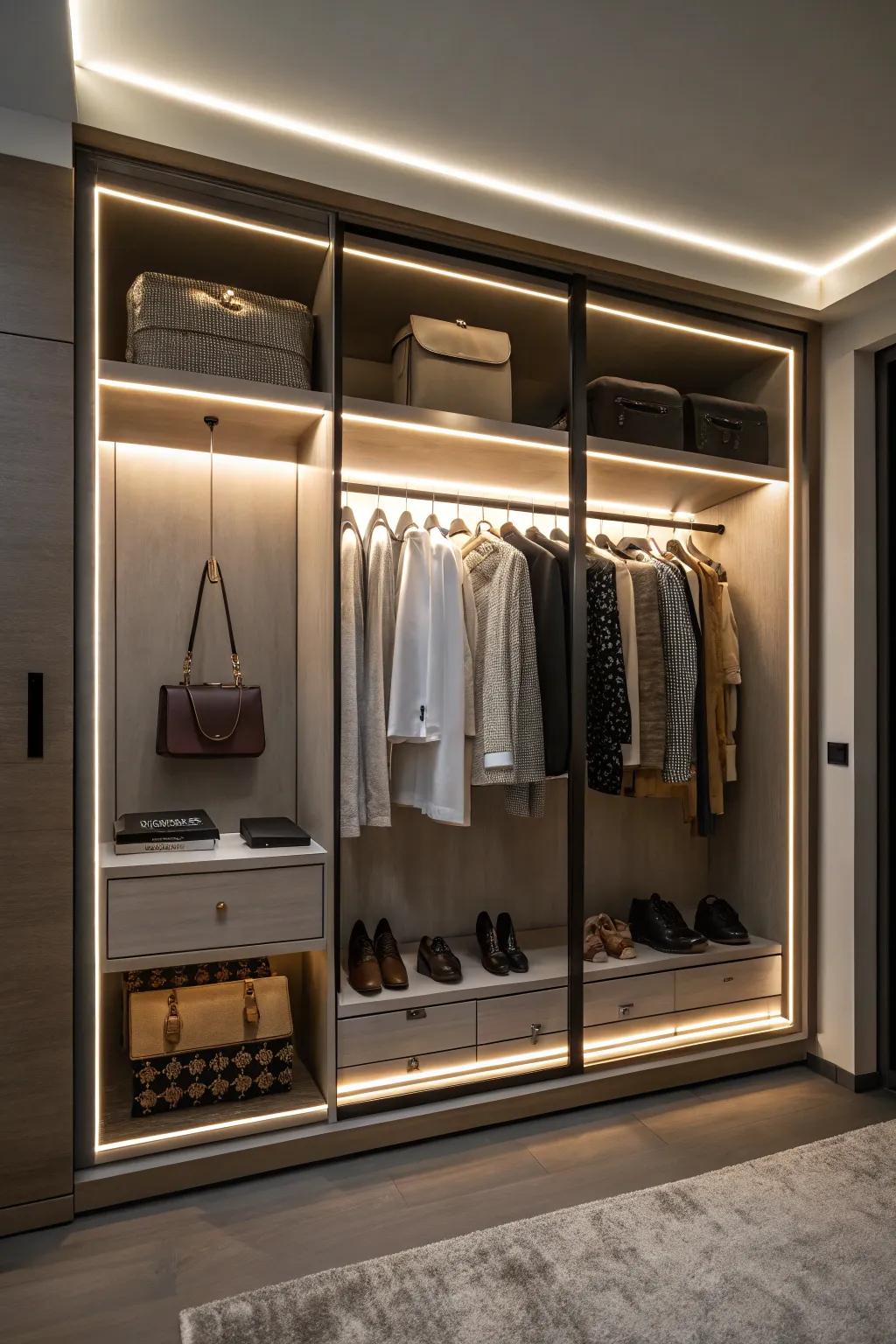 Cove lighting adds a soft and dramatic touch to your closet environment.