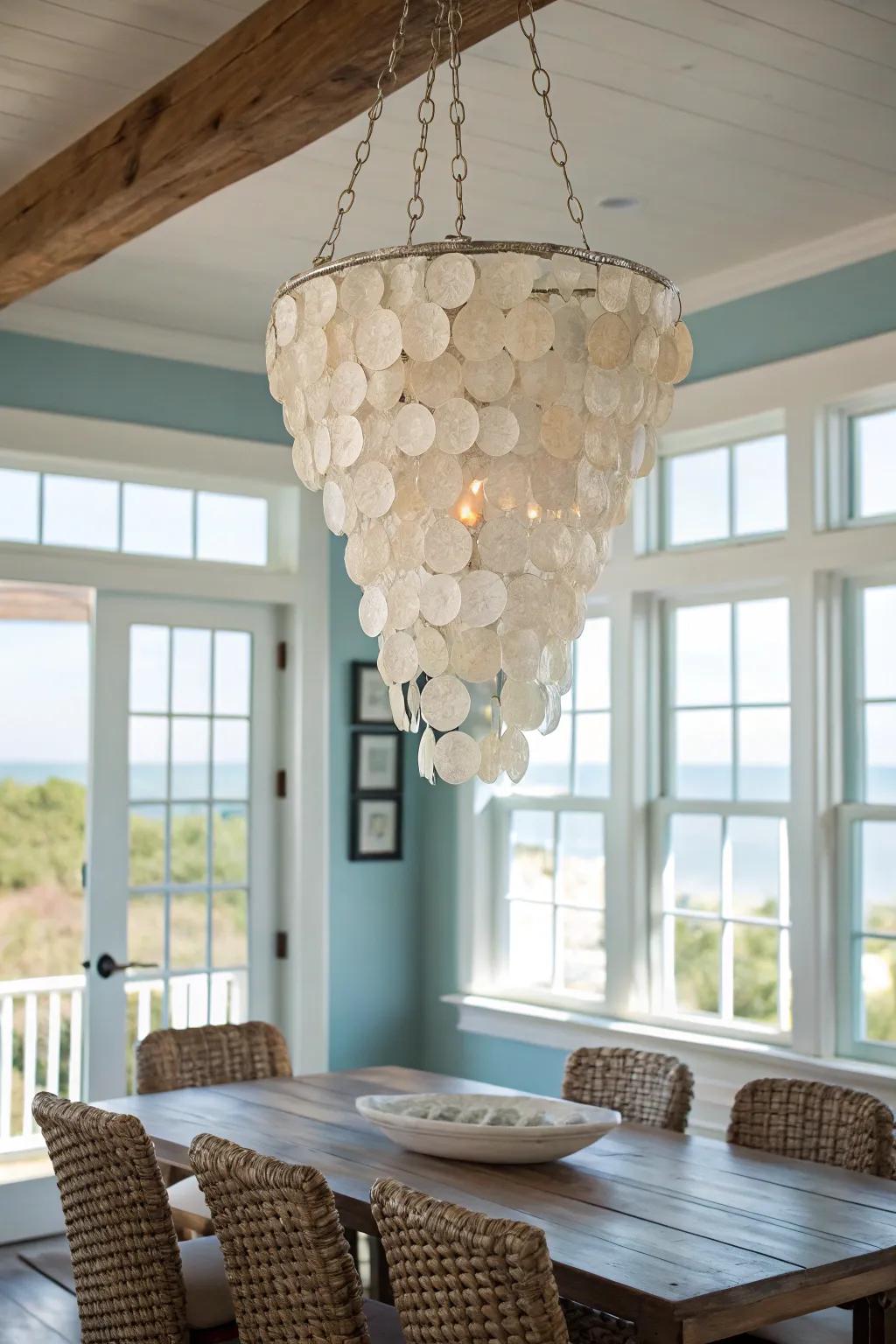 Capiz shell chandeliers shimmer with oceanic elegance.