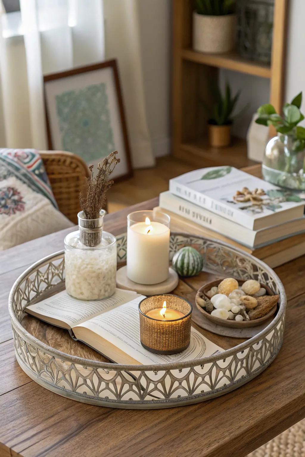 Trays add structure and style to your coffee table arrangement.