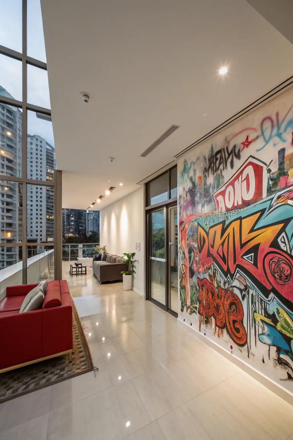 A modern apartment featuring street art themed graffiti.