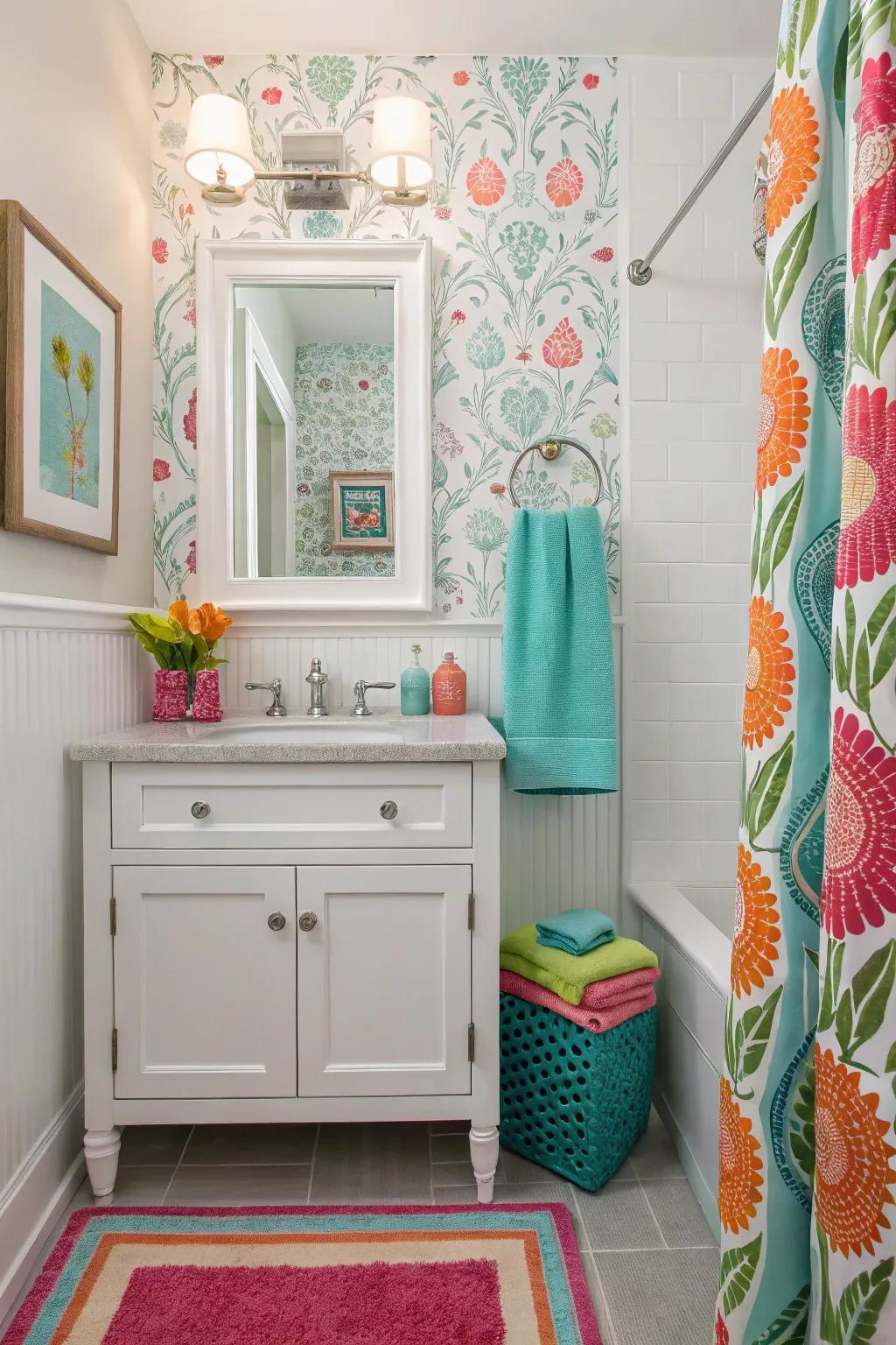 Coordinated decor and colorful accessories create harmony in this powder room.