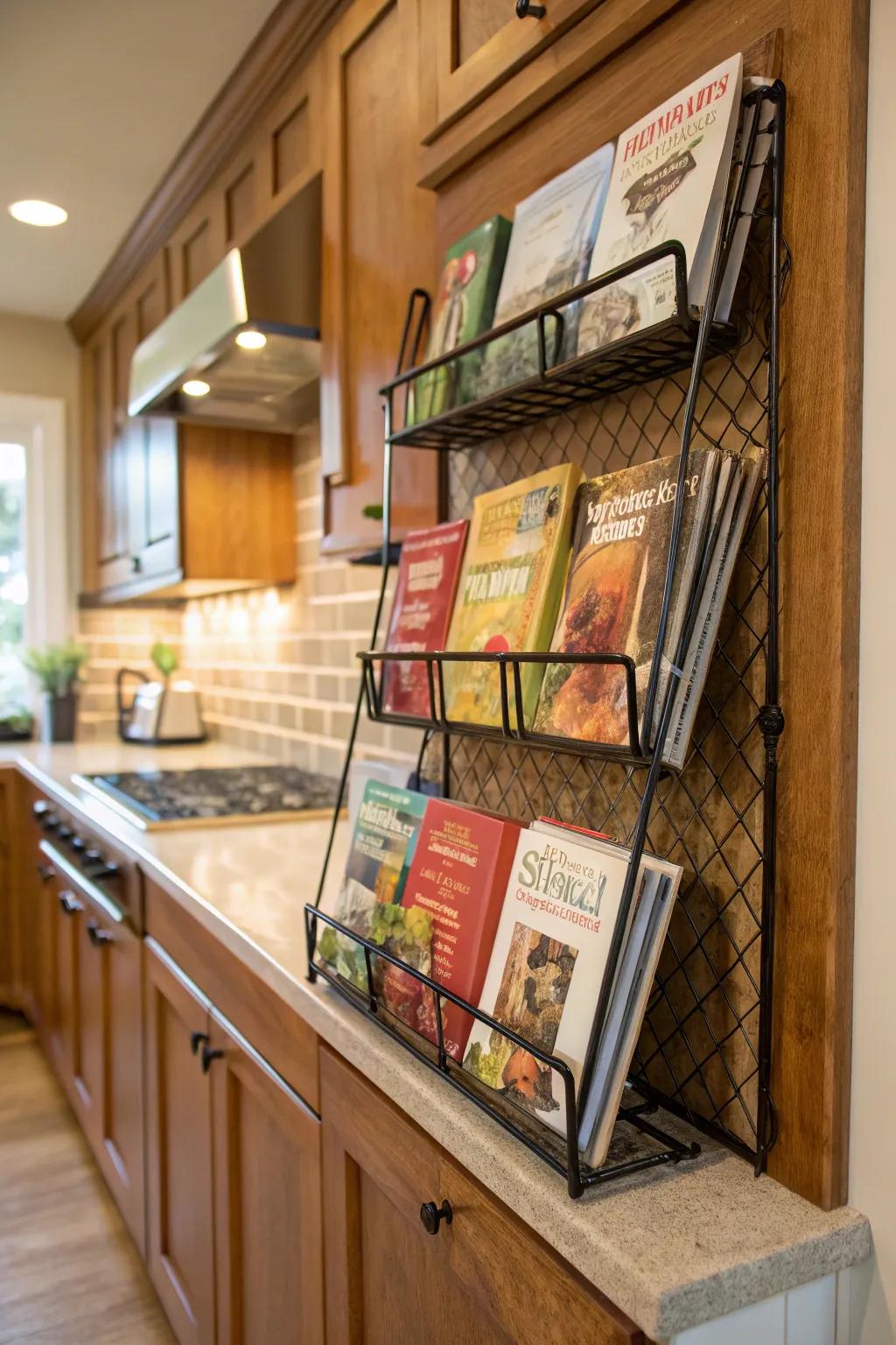 Magazine racks offer a compact storage option for cookbooks.