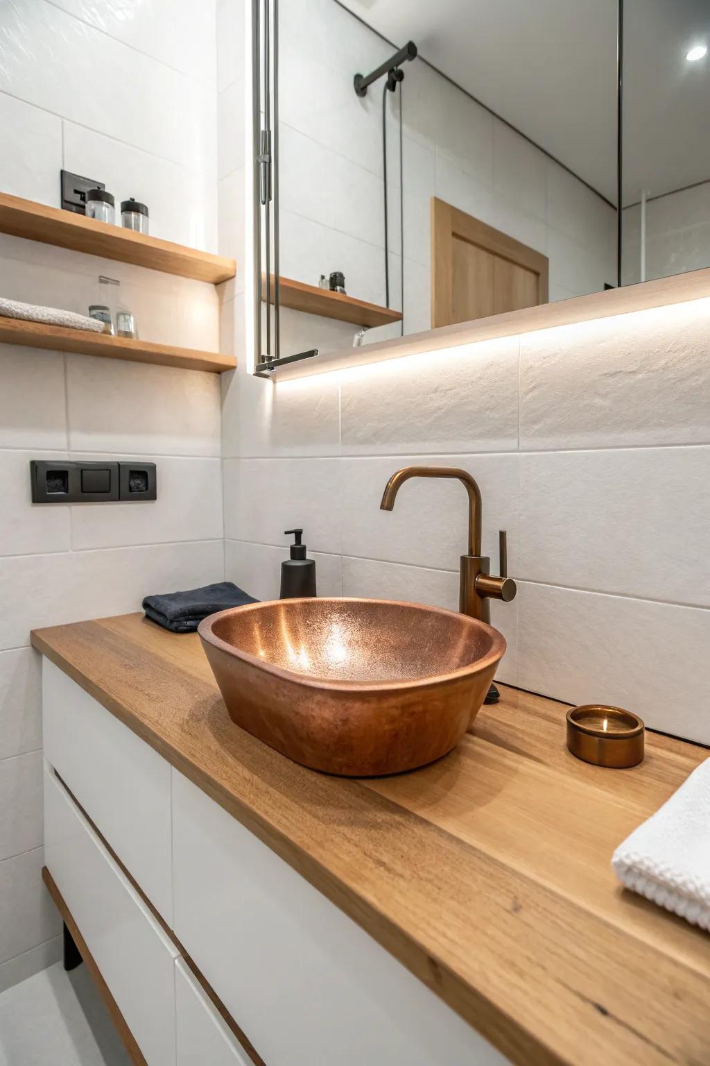 An undermount copper sink blends effortlessly into the sleek design of this minimalist bathroom.