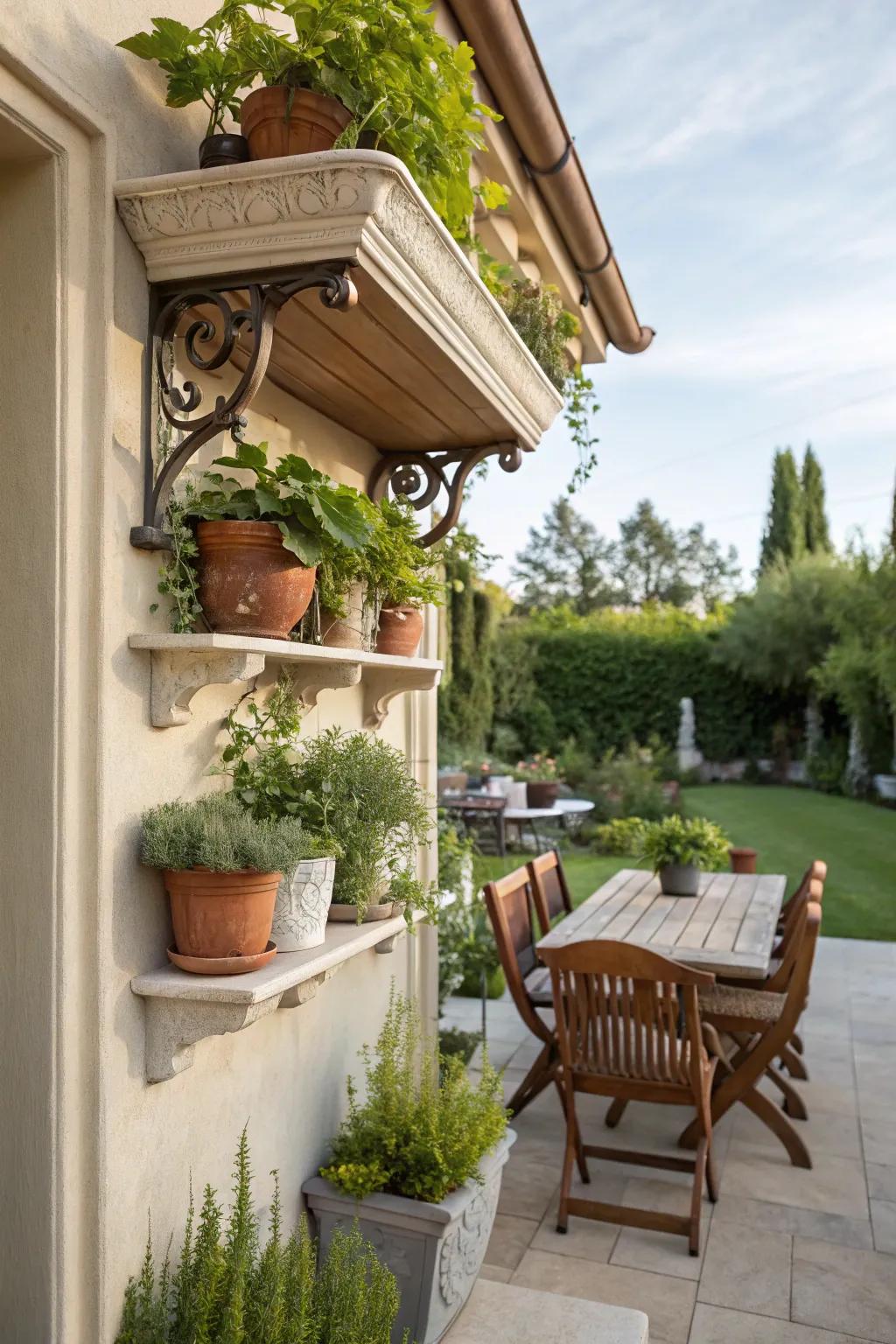 Corbel shelves make for a lively outdoor plant display.