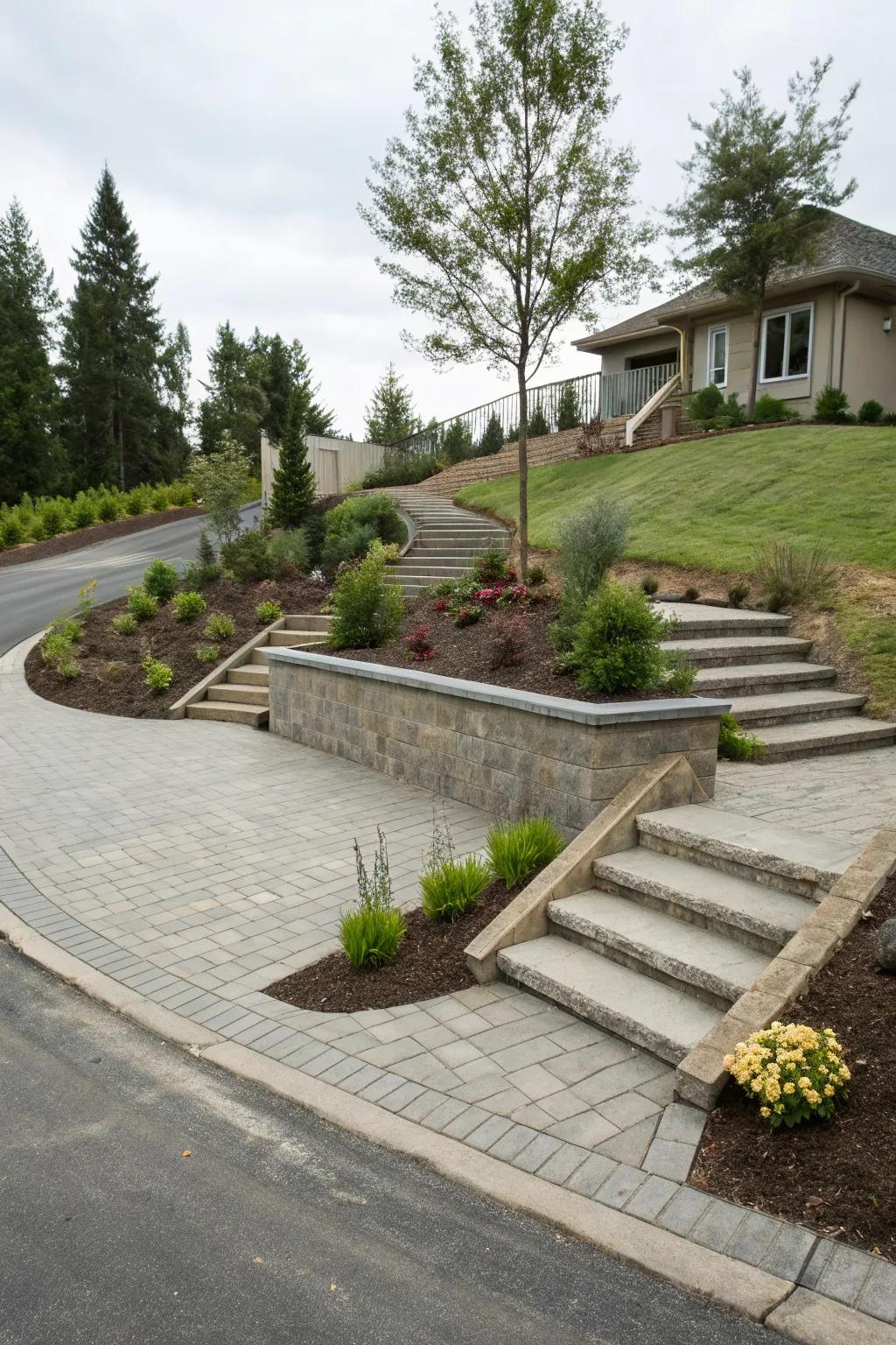 Elevated features adding a dramatic flair to the driveway.