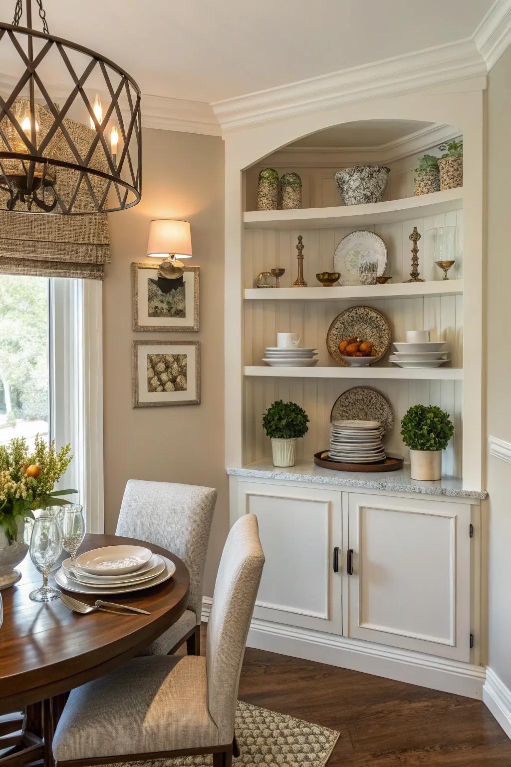 Symmetrical shelves offer balance and calm to your dining space.