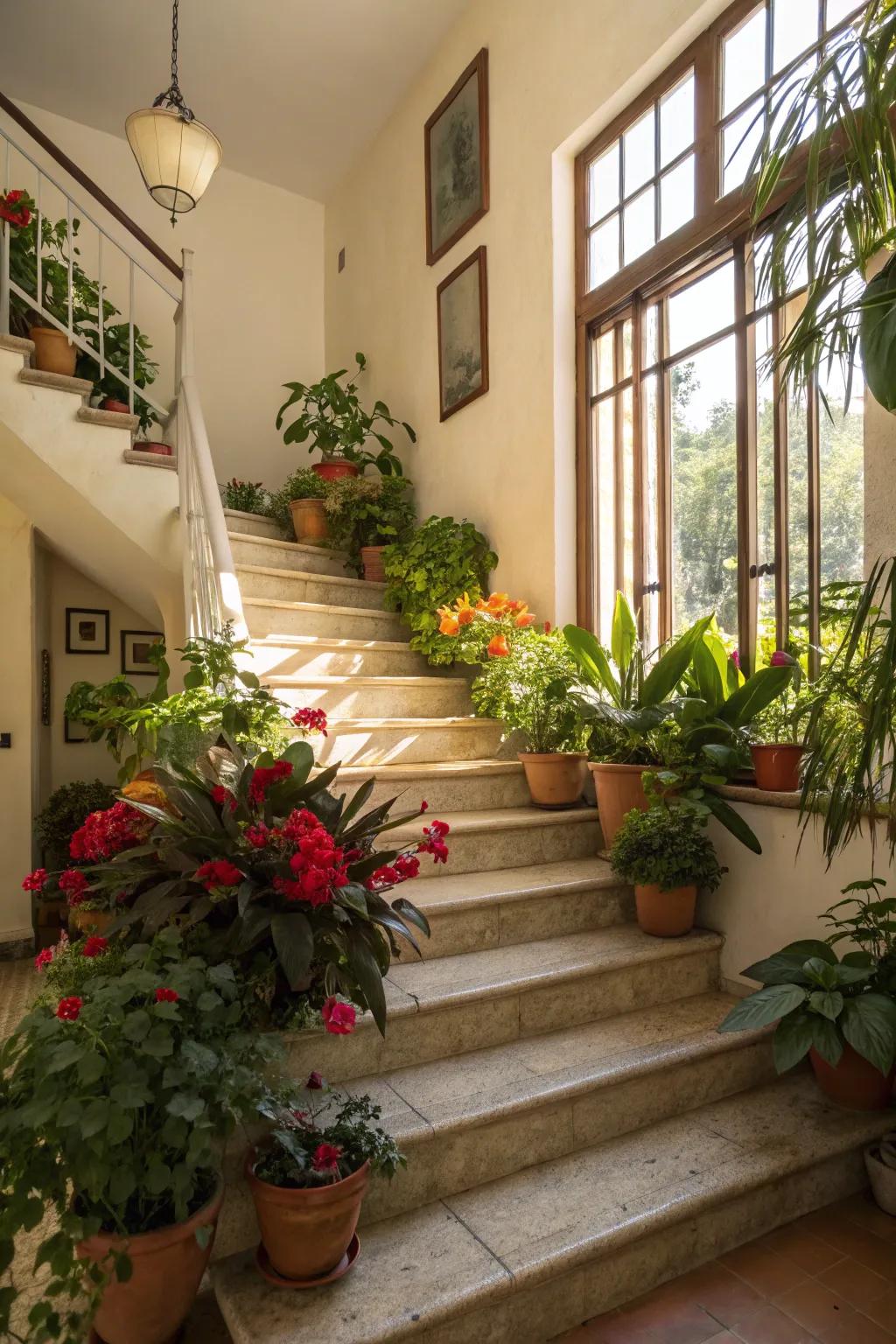 Greenery along stairs brings nature indoors.