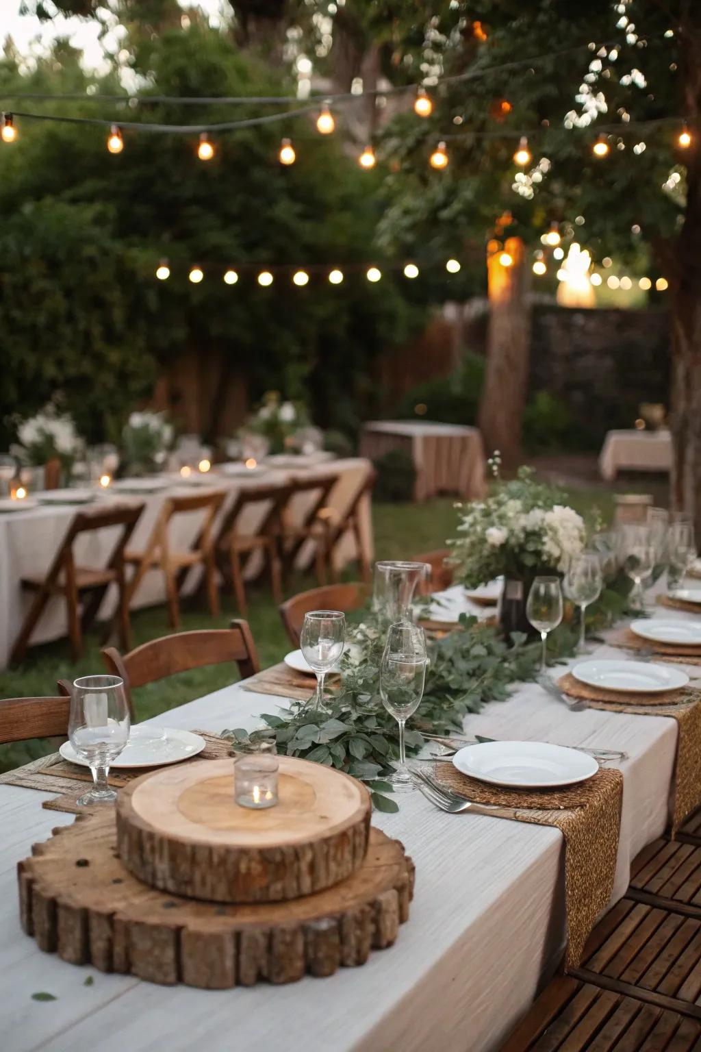 Rustic wedding tables featuring wooden decor and simple glassware.