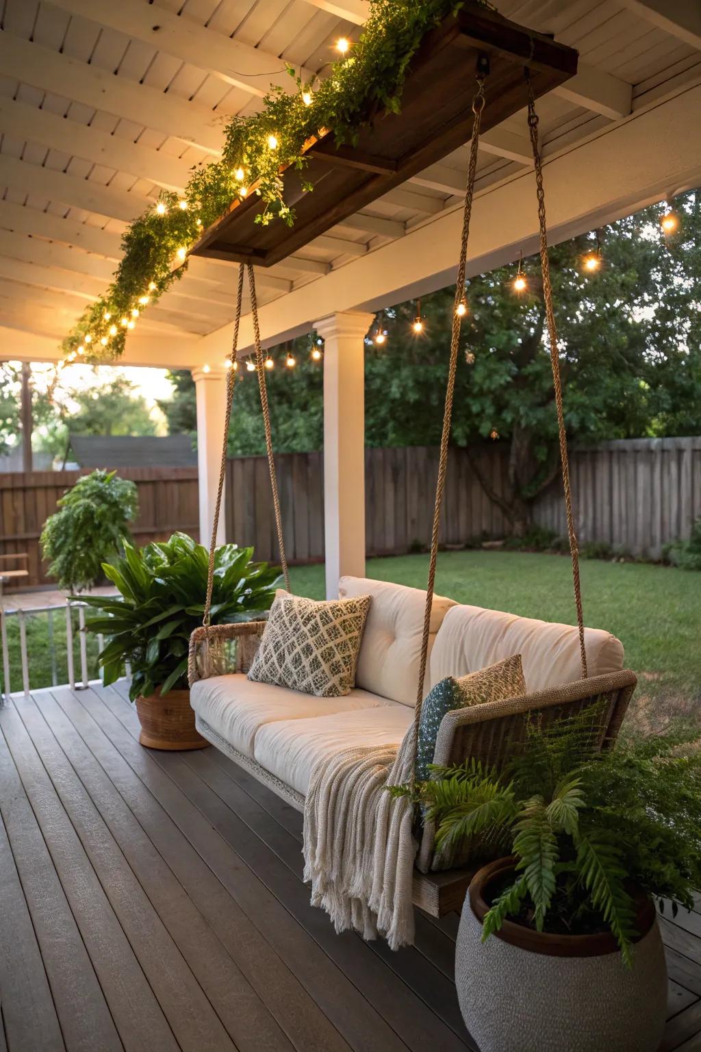 A swing adds a charming, nostalgic element to the porch.