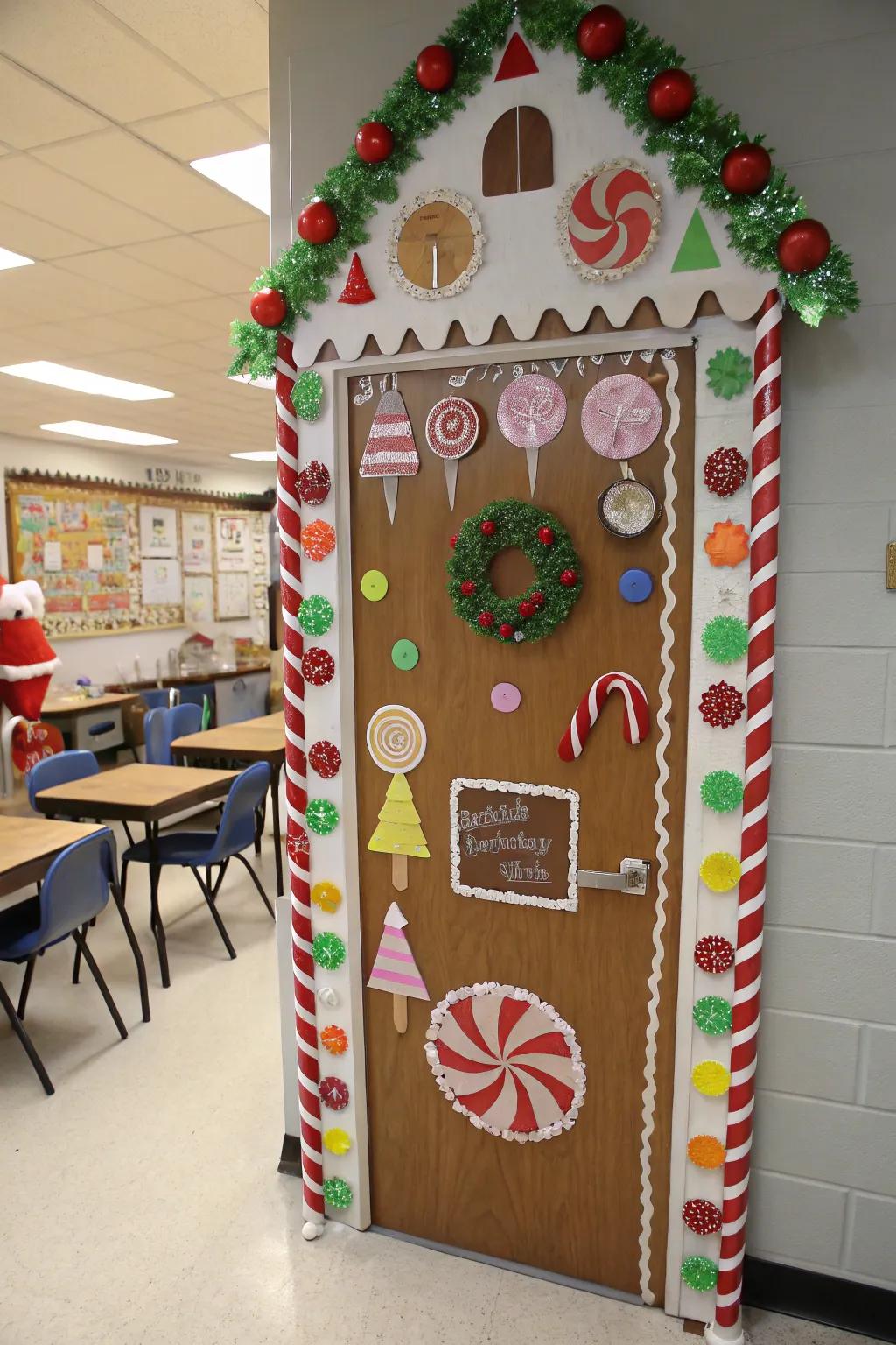 A classroom door transformed into a charming gingerbread house with colorful candies.