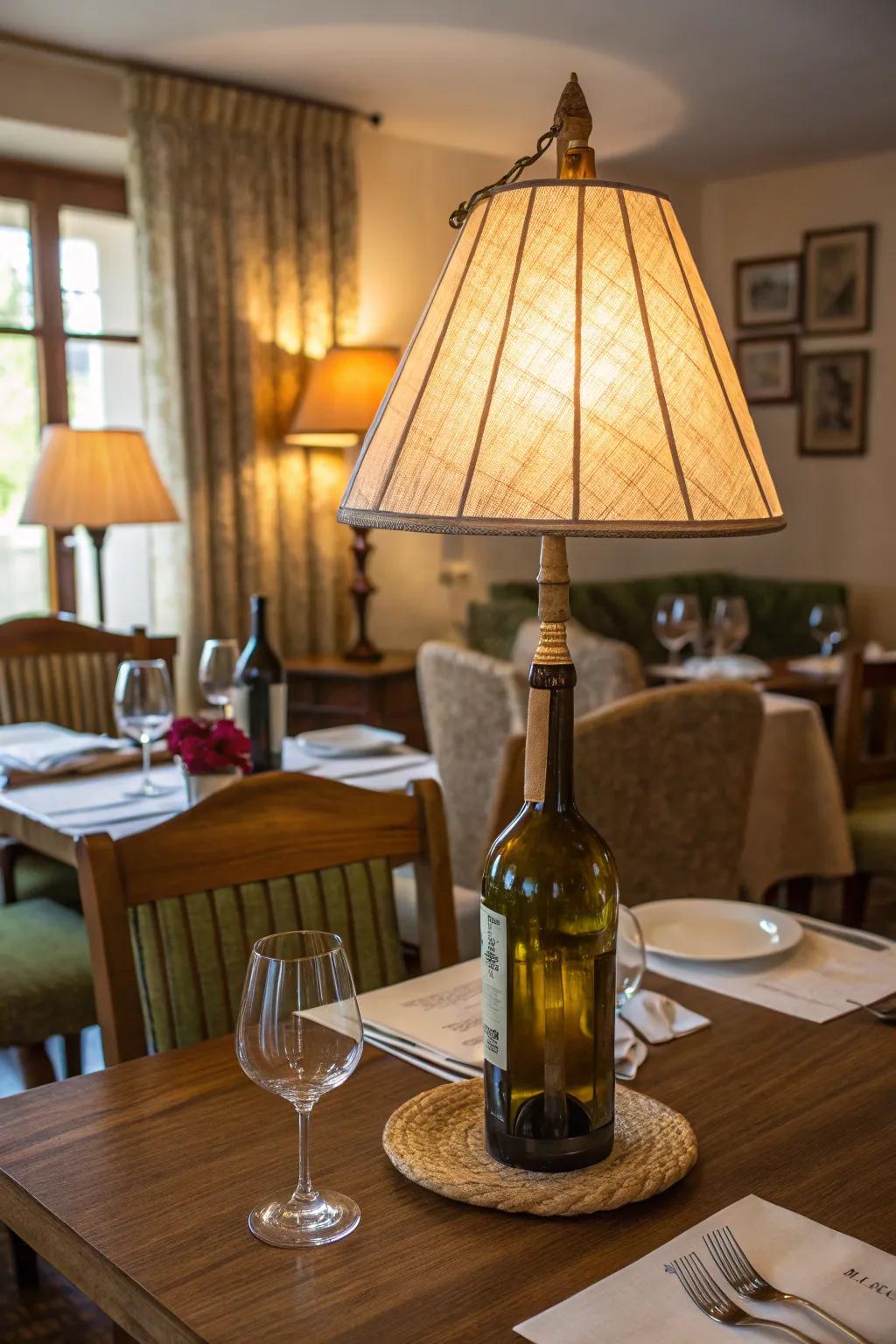 A wine bottle lamp adding charm to a dining area.