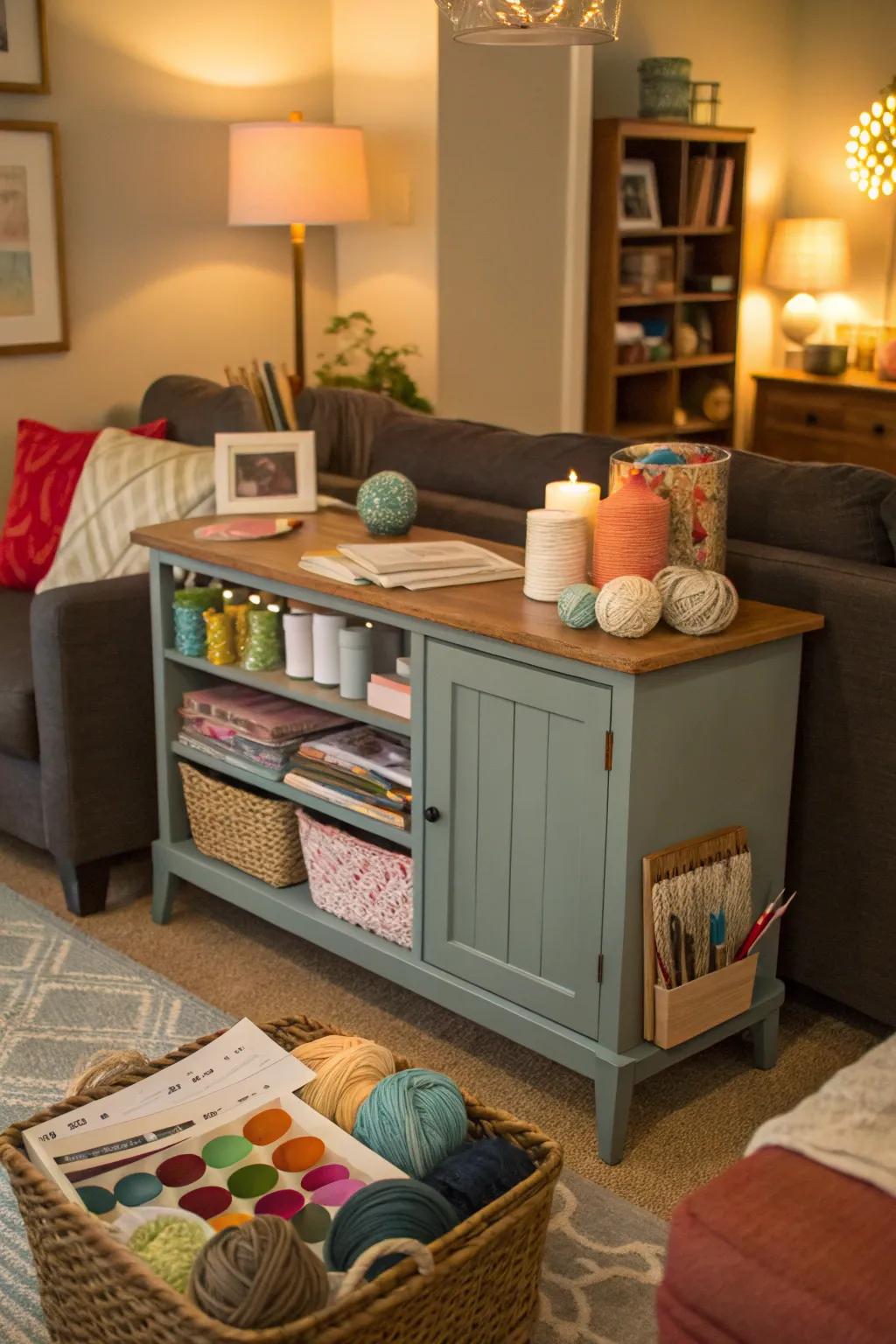 A DIY creative corner setup on a credenza for artistic endeavors.