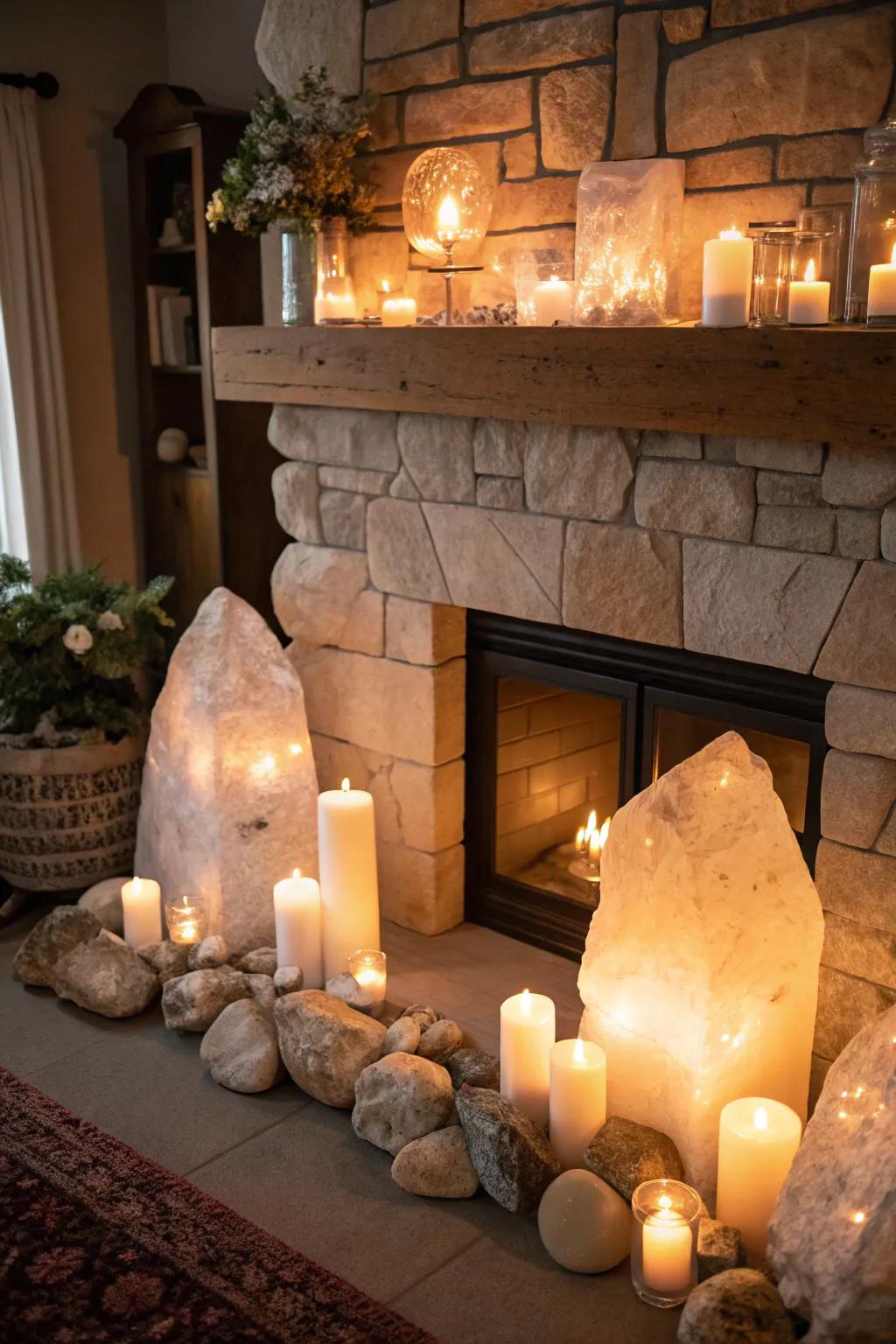 A fireplace transformed into a cozy crystal sanctuary.