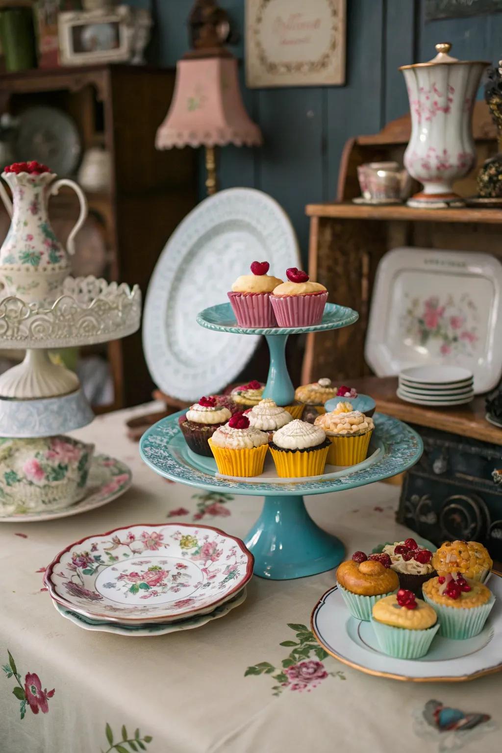 Vintage elements lend a nostalgic charm to this cupcake display.