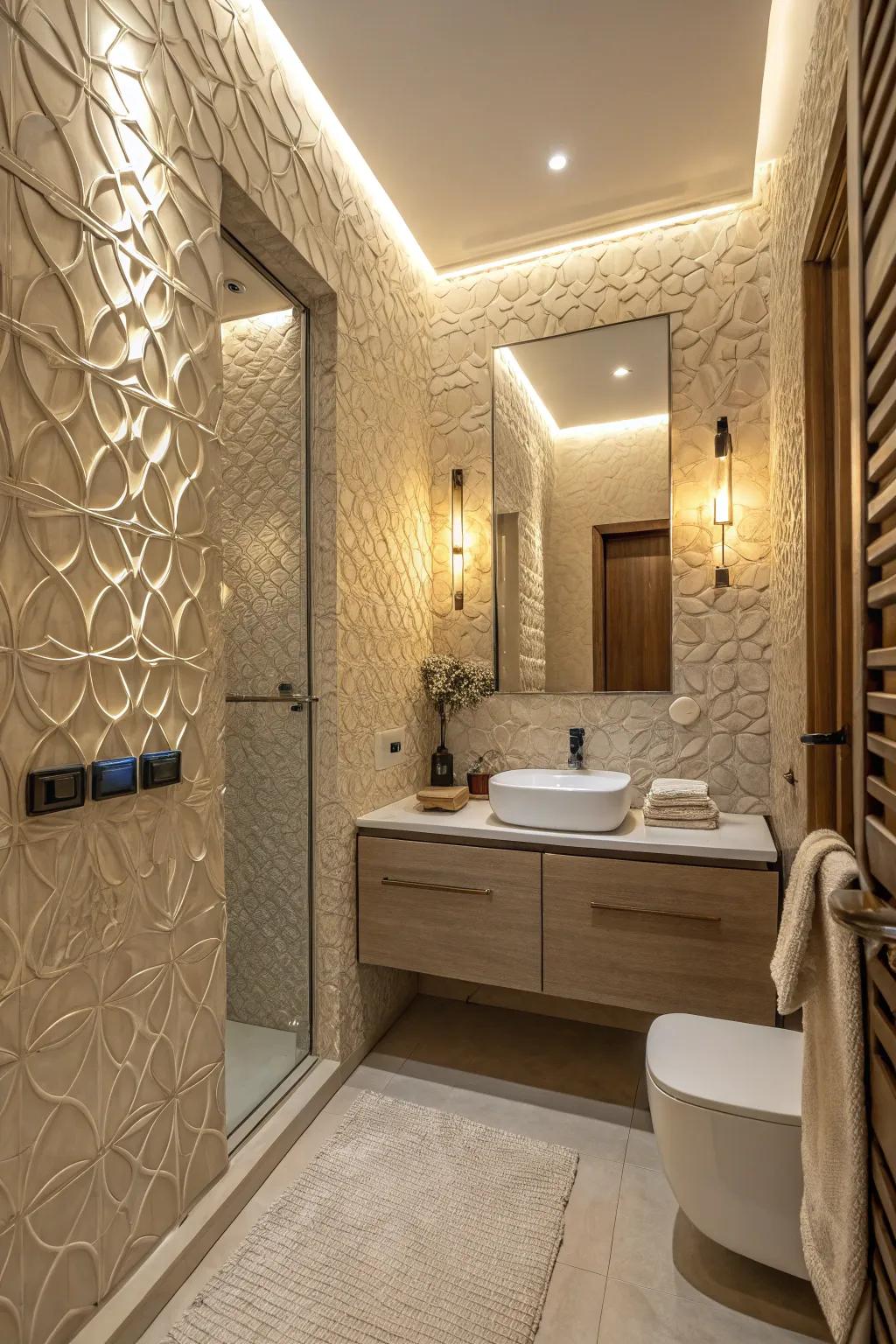 Textured walls add depth and sophistication to your bathroom.