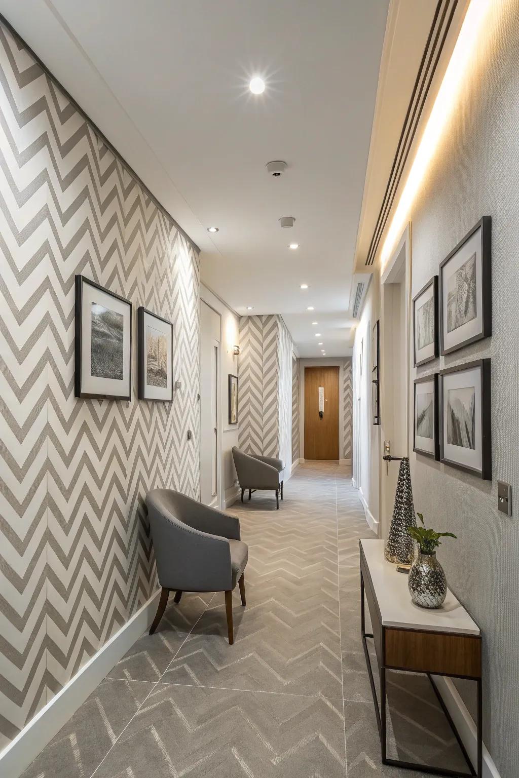 A hallway featuring a subtle chevron pattern wallpaper, adding a touch of sophistication.