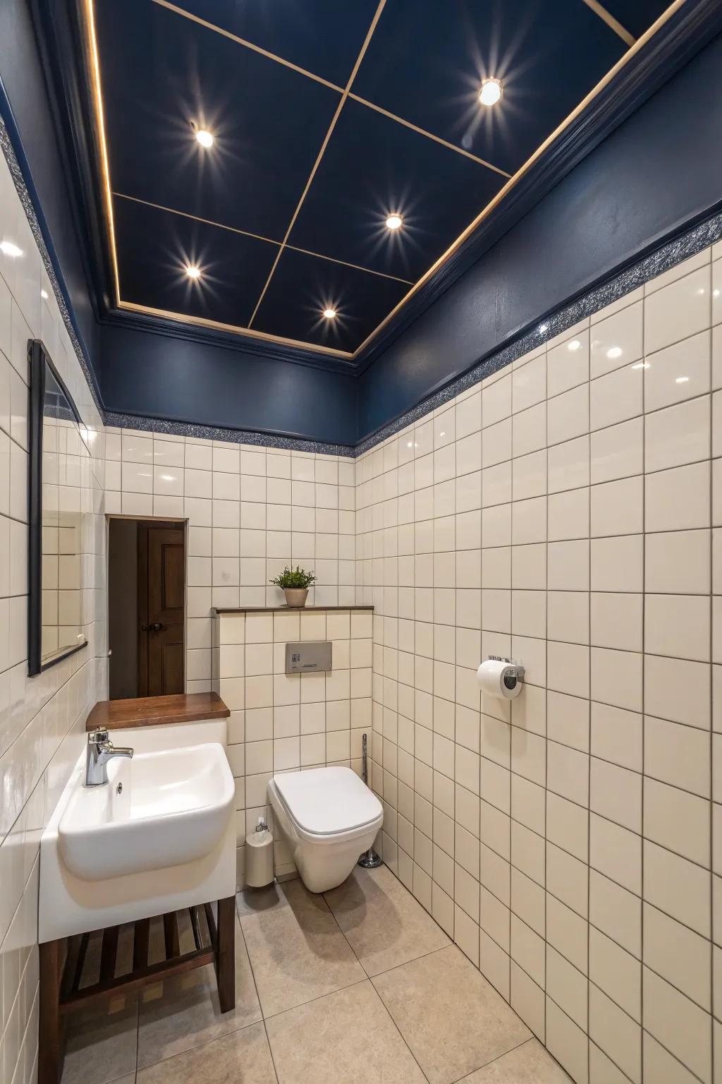 A luxurious bathroom with a dark blue ceiling.