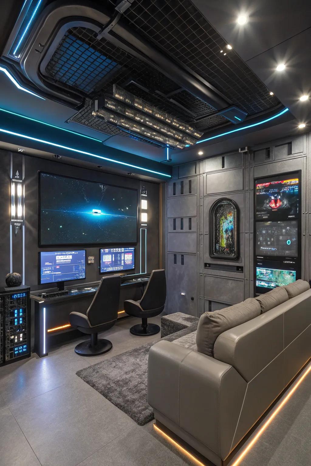 A futuristic vibe with metallic accents adds a high-tech edge to your gaming room.