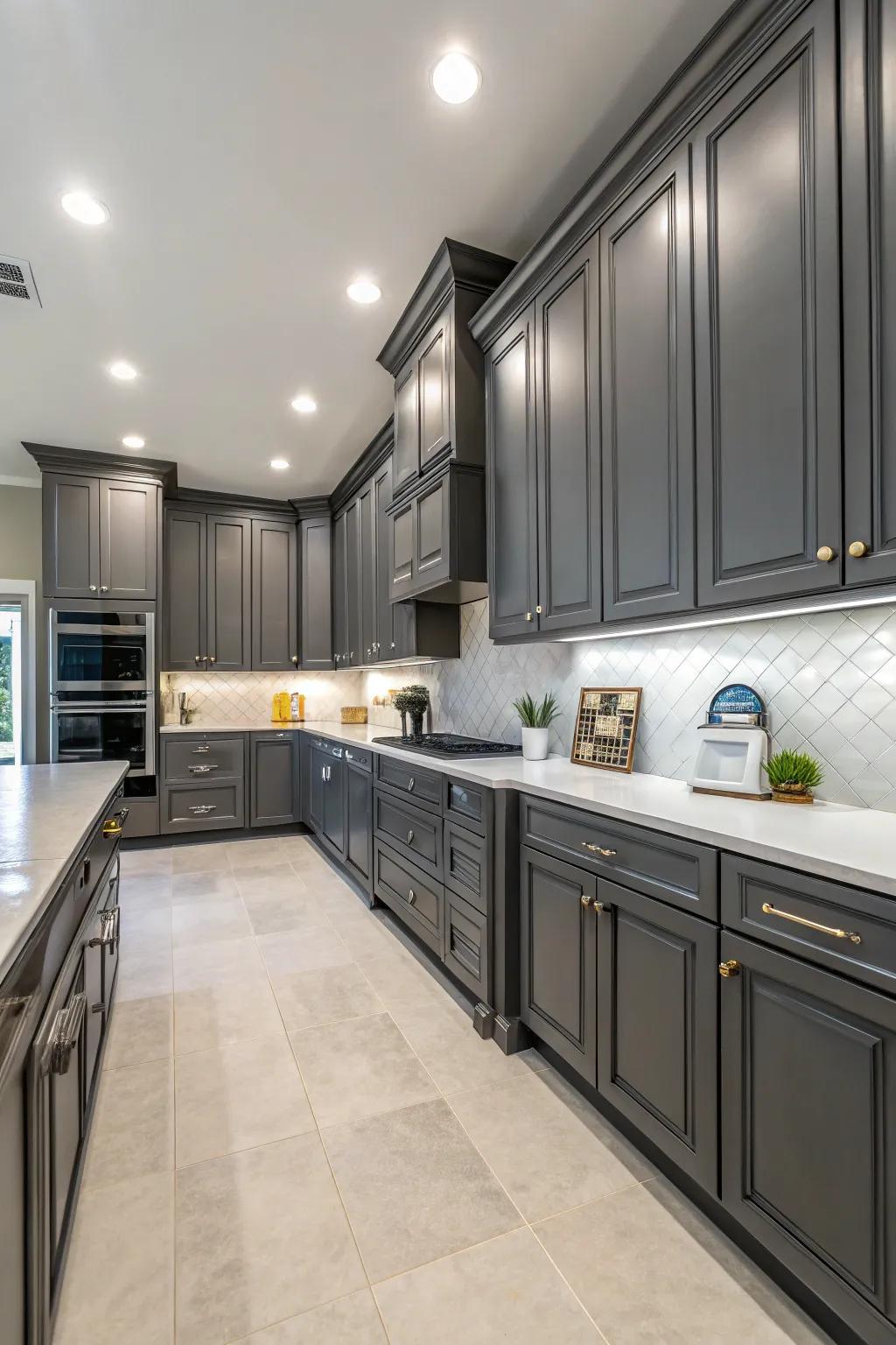 Efficient layout showcases the blend of style and functionality in dark gray cabinets.