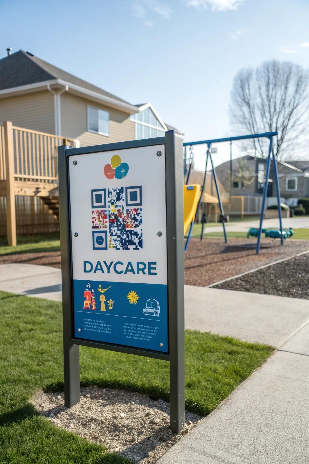 Interactive QR codes on the daycare sign provide easy access to additional information.