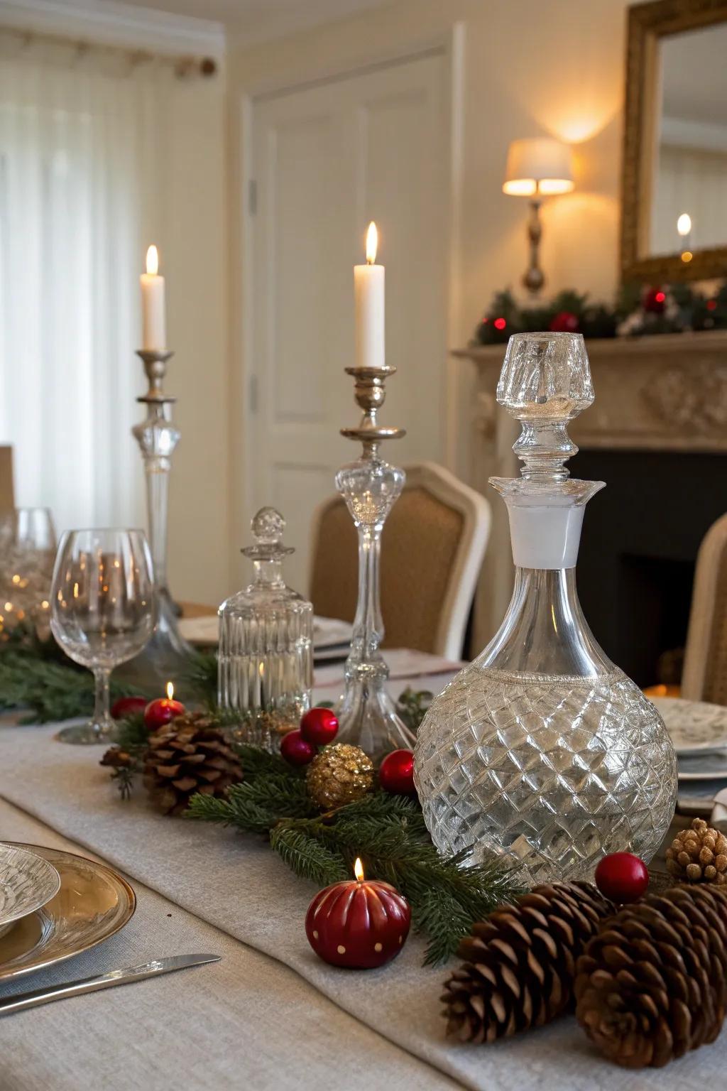 A festive table centerpiece featuring decanters and seasonal decor.