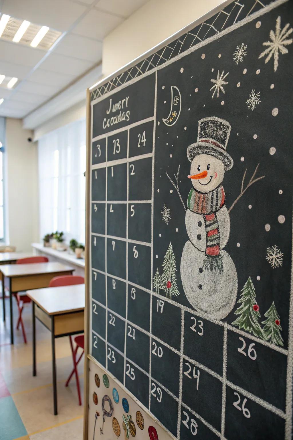 A cheerful snowman-themed chalkboard calendar.