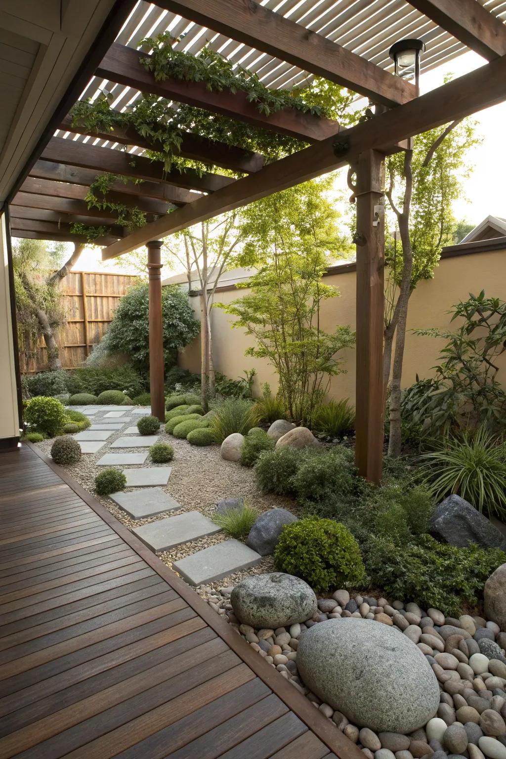 A zen garden under a pergola, creating a tranquil outdoor space.