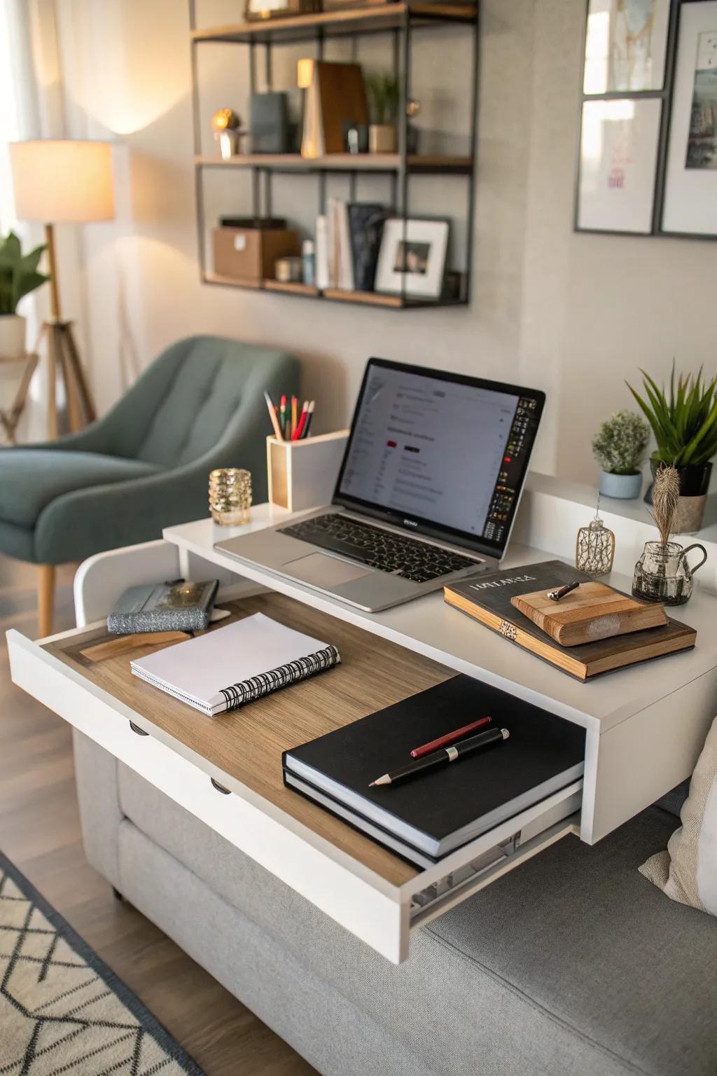 A floating corner desk blends utility with elegance.