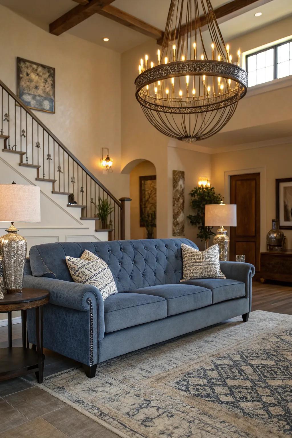 Statement lighting complements the denim blue sofa beautifully.