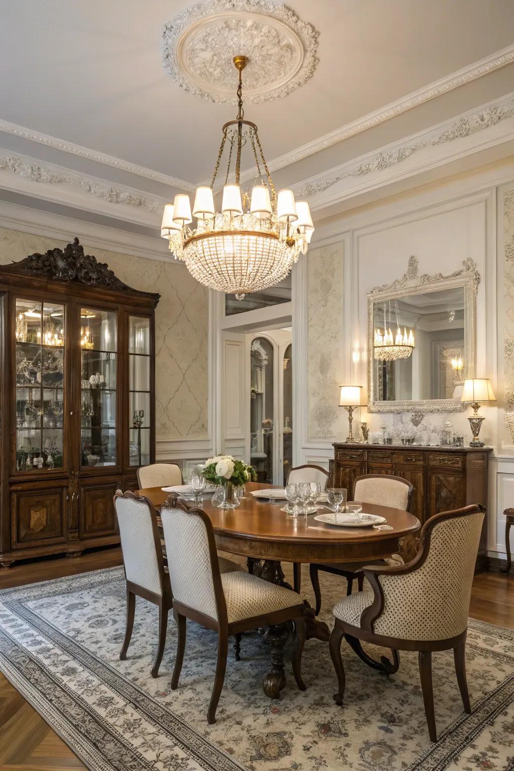 Vintage fixtures bring timeless glamour to this dining space.