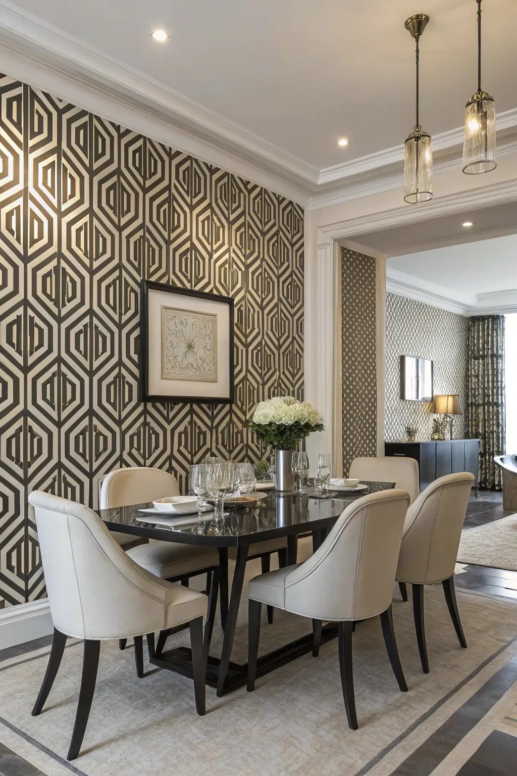 Geometric wallpaper adds a contemporary edge to this modern dining room.