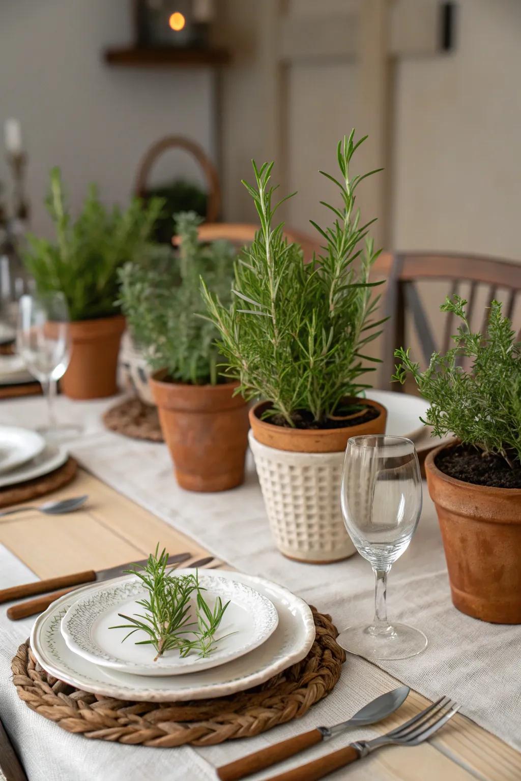 Potted herbs add a fresh and fragrant touch to the table.