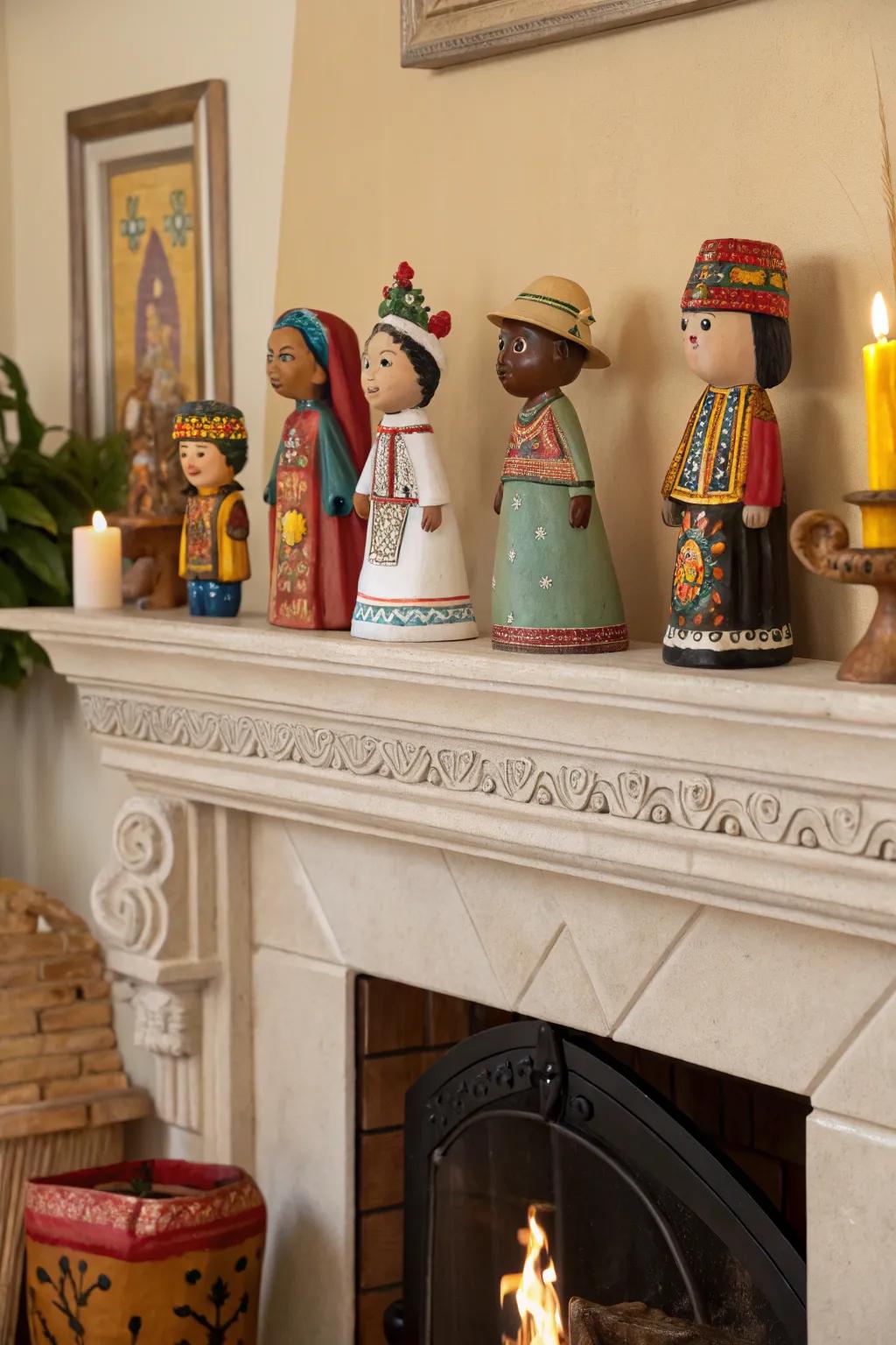 Clay figures celebrating cultural diversity on a mantelpiece.