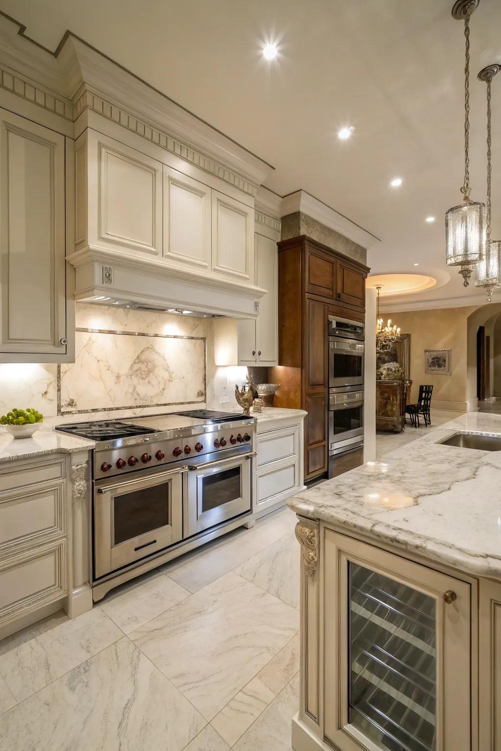 A luxurious kitchen featuring a double oven framed by marble and brass accents.