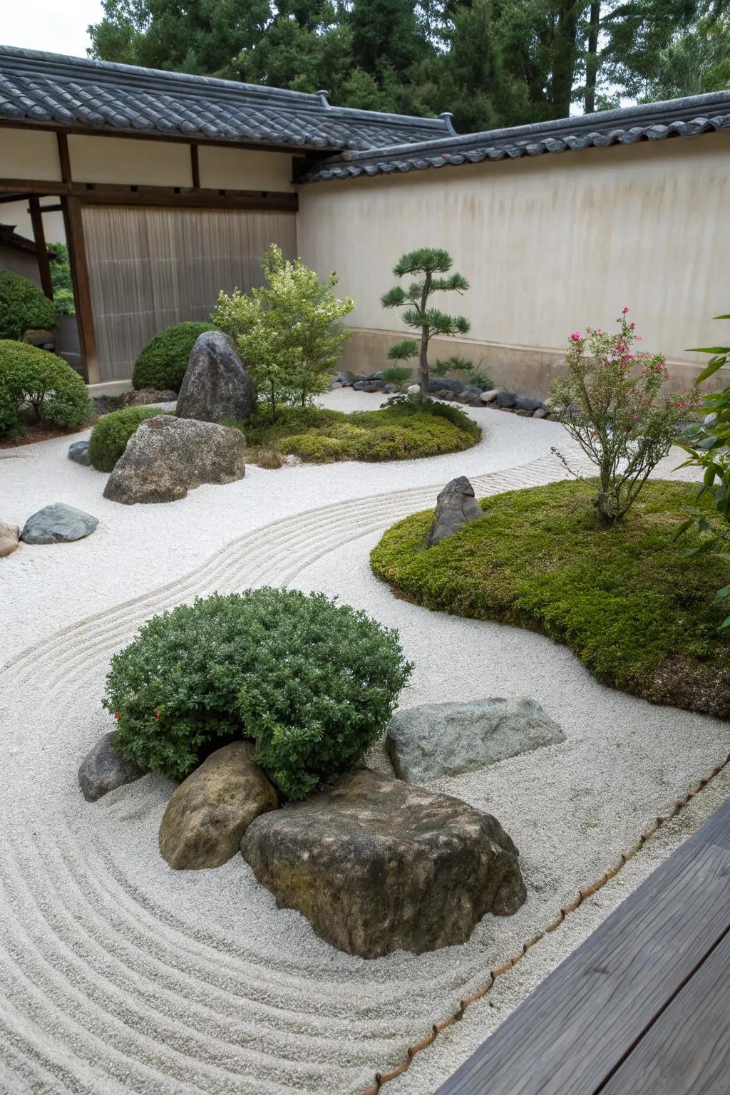 A reflective Zen corner offers peace and tranquility.