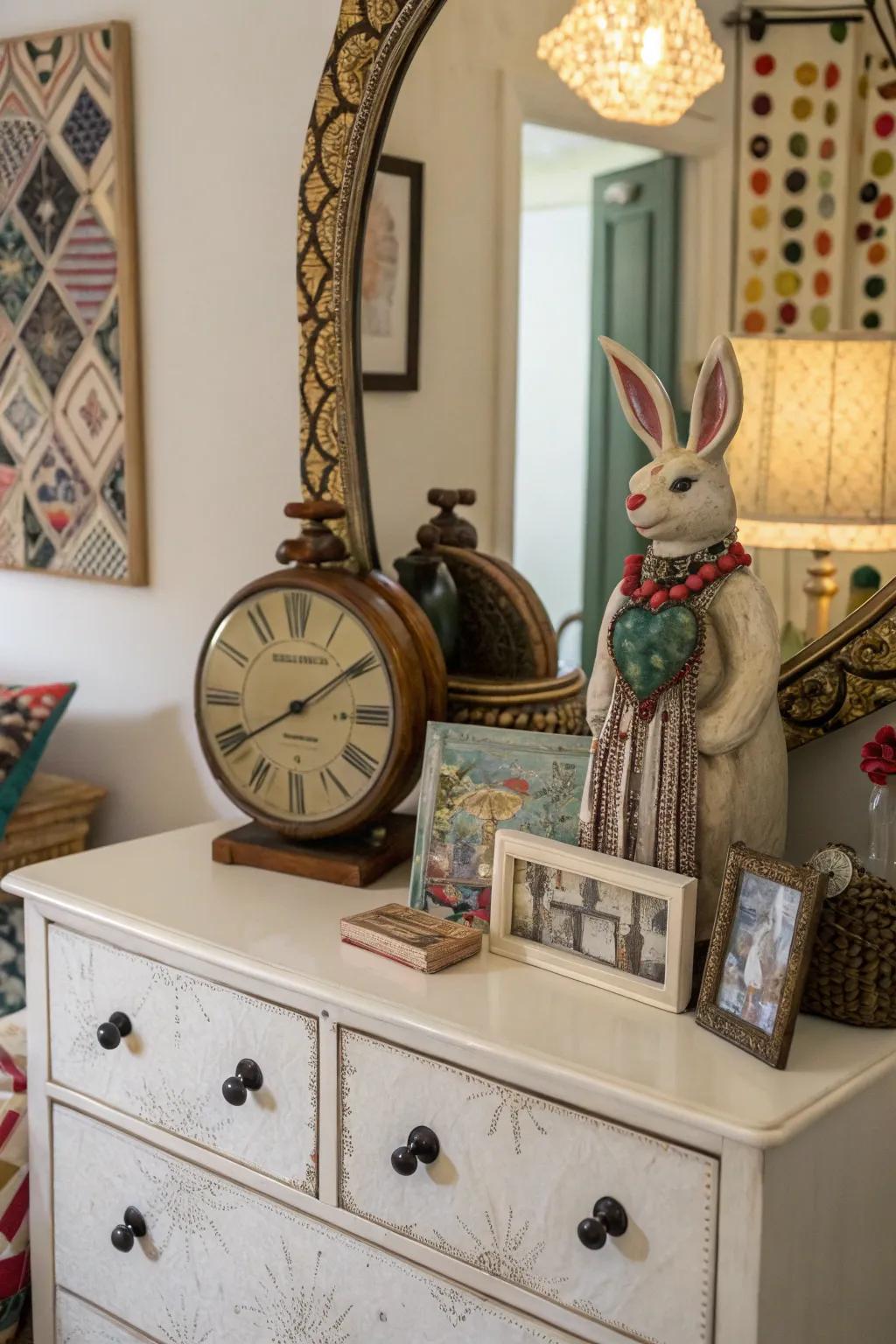 Unexpected decor adds personality and intrigue to the dresser.