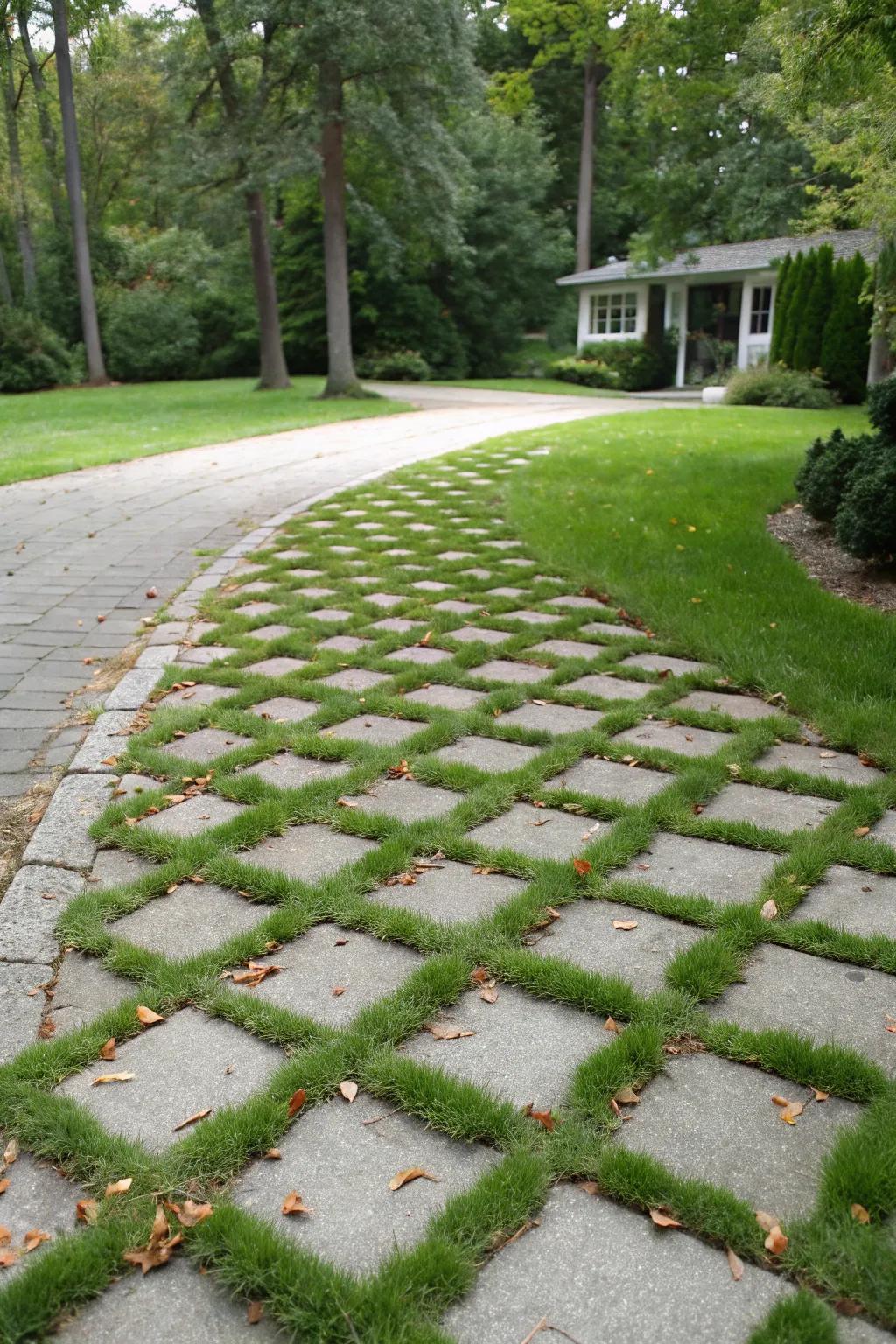 Natural aesthetic with grass-topped pavers in the driveway.