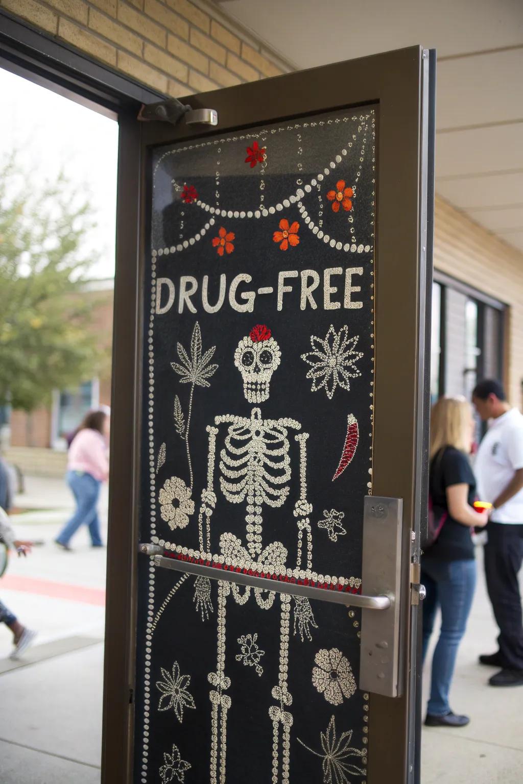 A skeleton-themed door with a serious drug-free message.