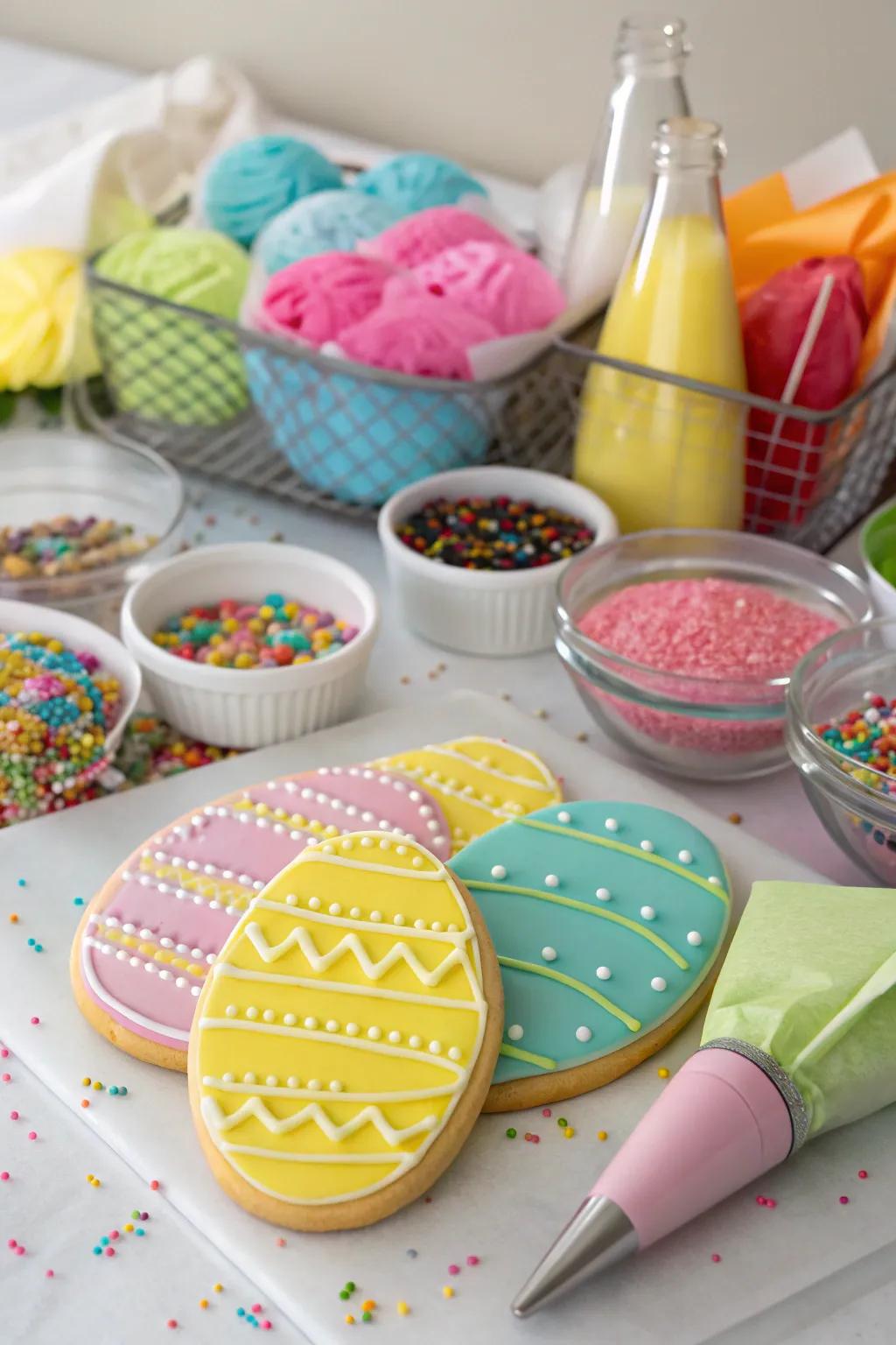 A fun and interactive Easter egg cookie decorating station.