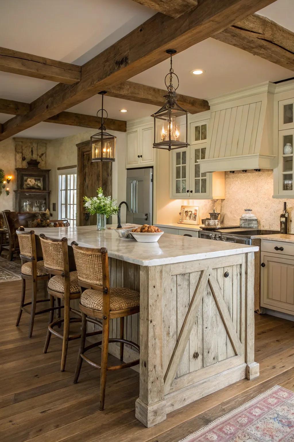 A farmhouse island featuring charming distressed wood.