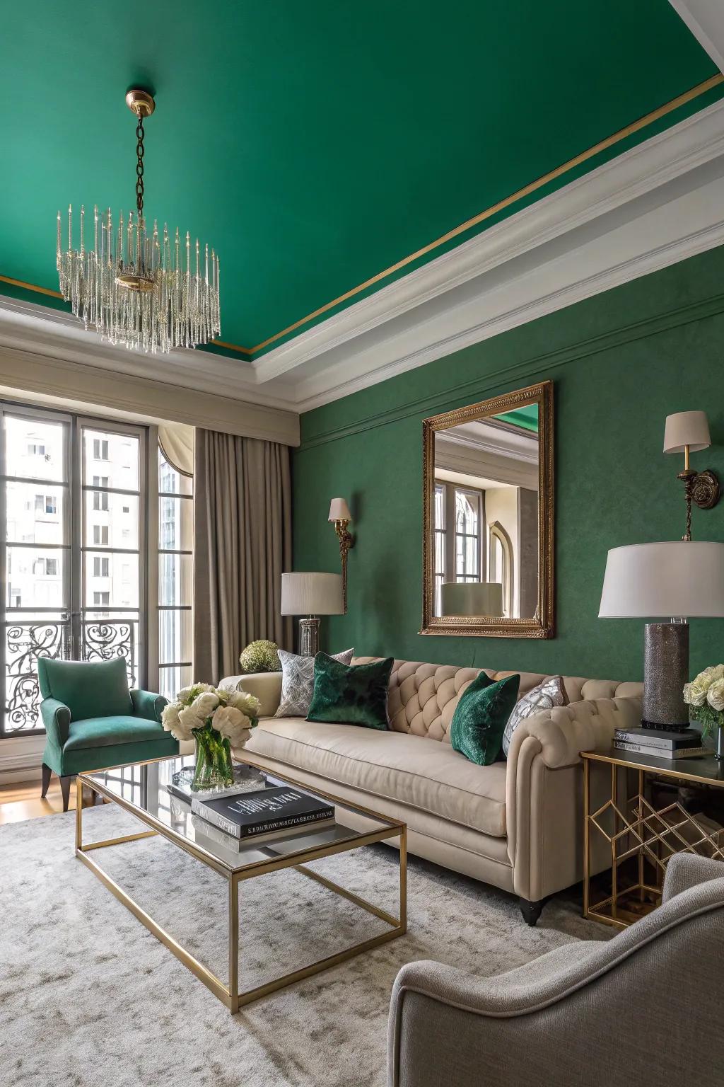 Bold emerald green ceiling creates a dramatic effect.