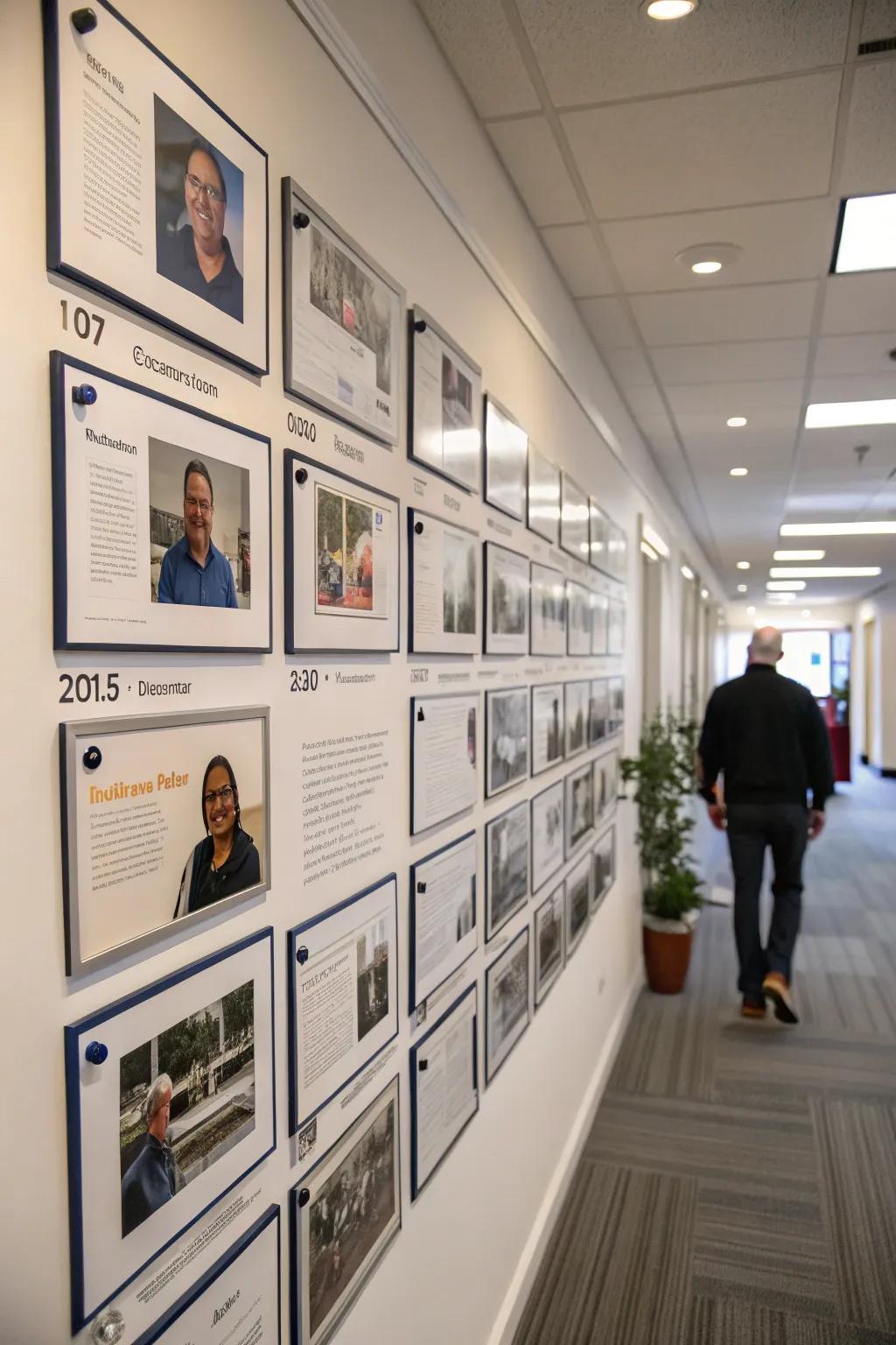 A timeline wall showcasing significant milestones in employees' careers.