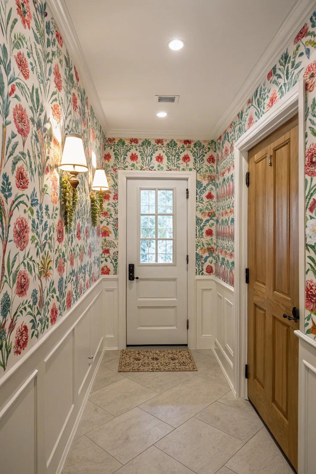 Wallpapered panels offer a versatile and stylish entryway solution.