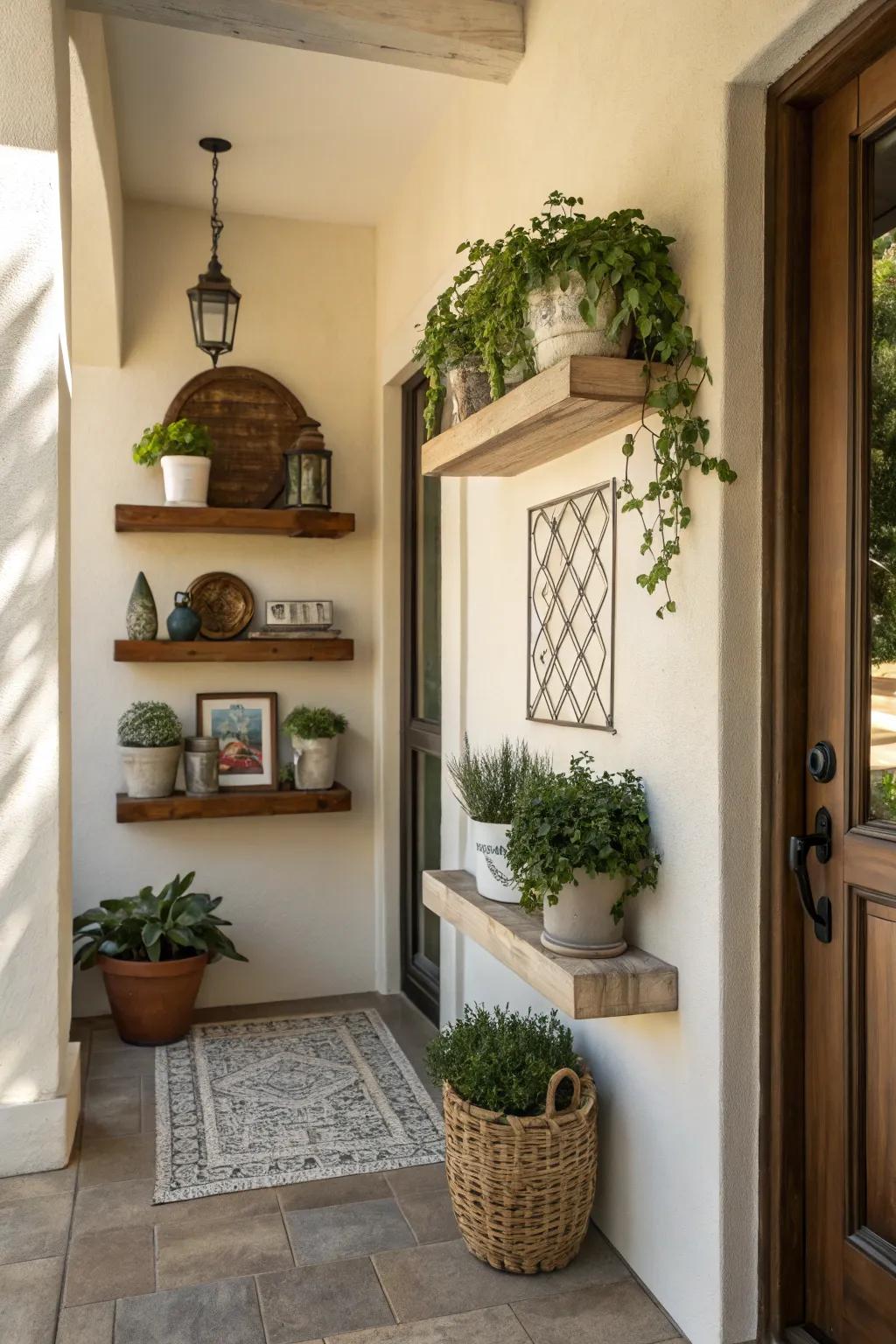 Floating shelves add storage and style to the entryway.