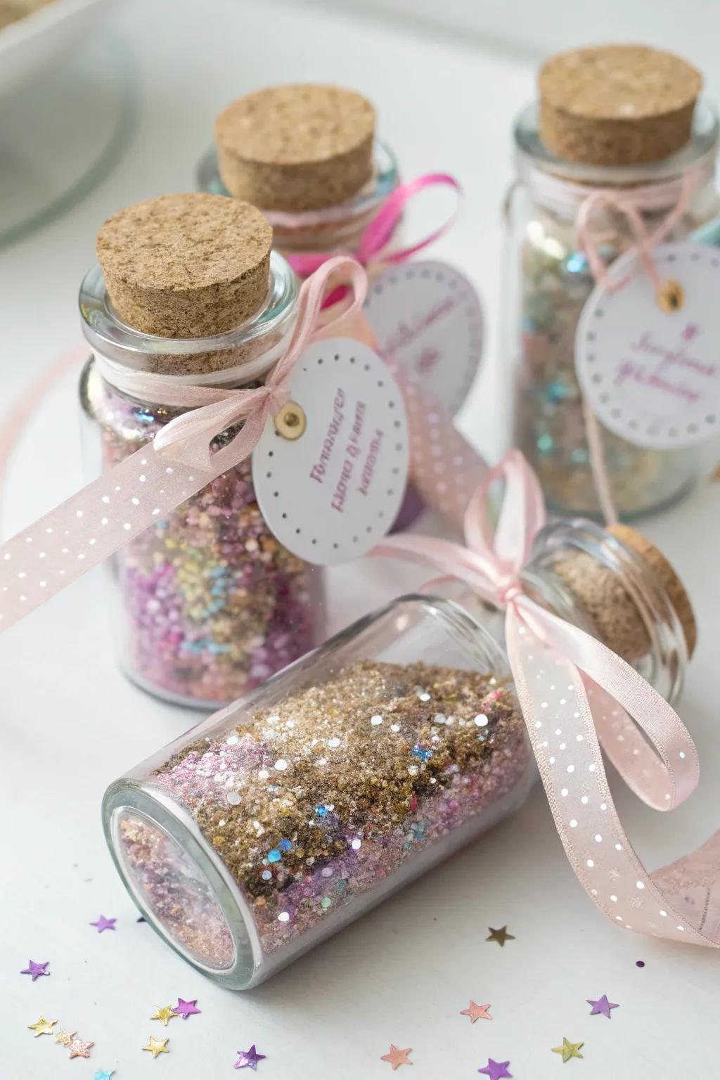 Charming fairy dust jars as party favors.