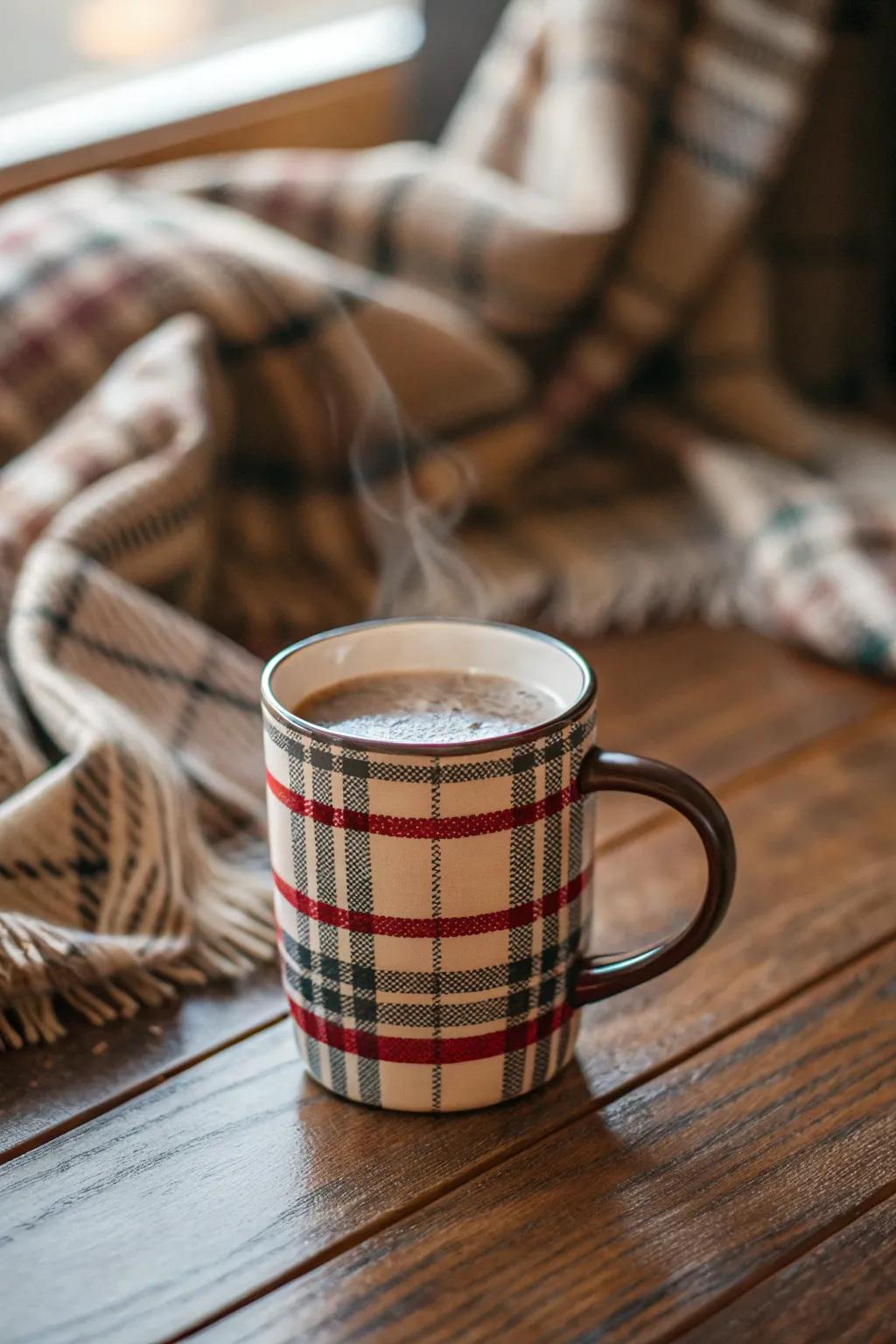 Mug featuring a nostalgic plaid pattern.