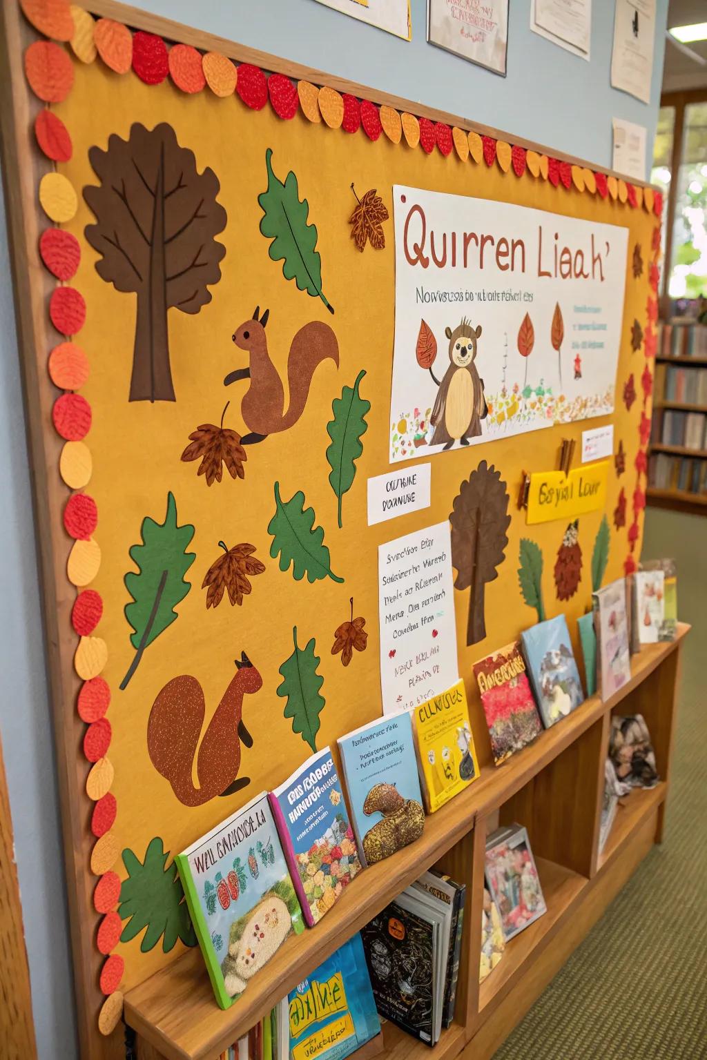 A playful squirrel-themed bulletin board gathering book acorns.