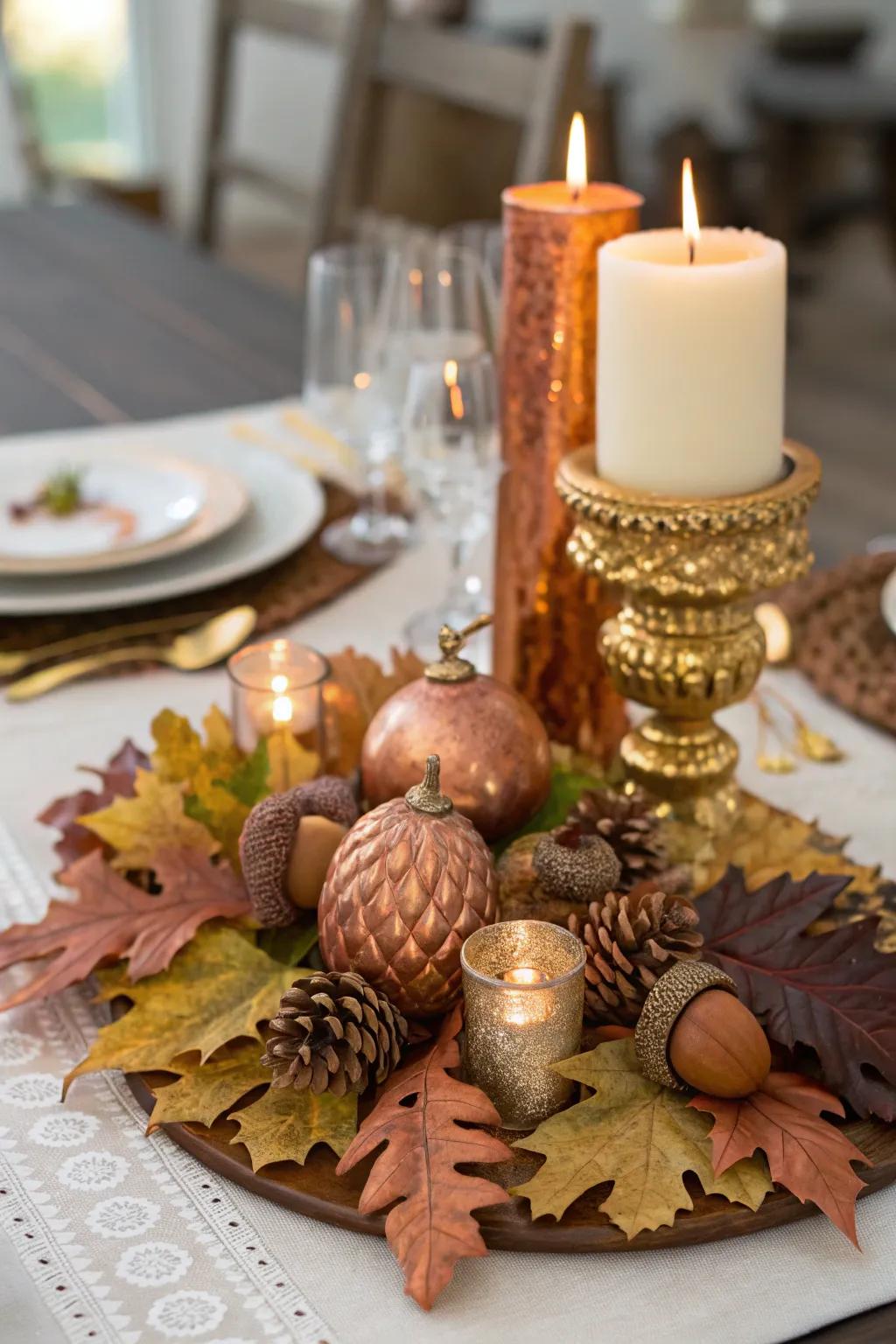 Metallic accents add unexpected elegance to your fall table.