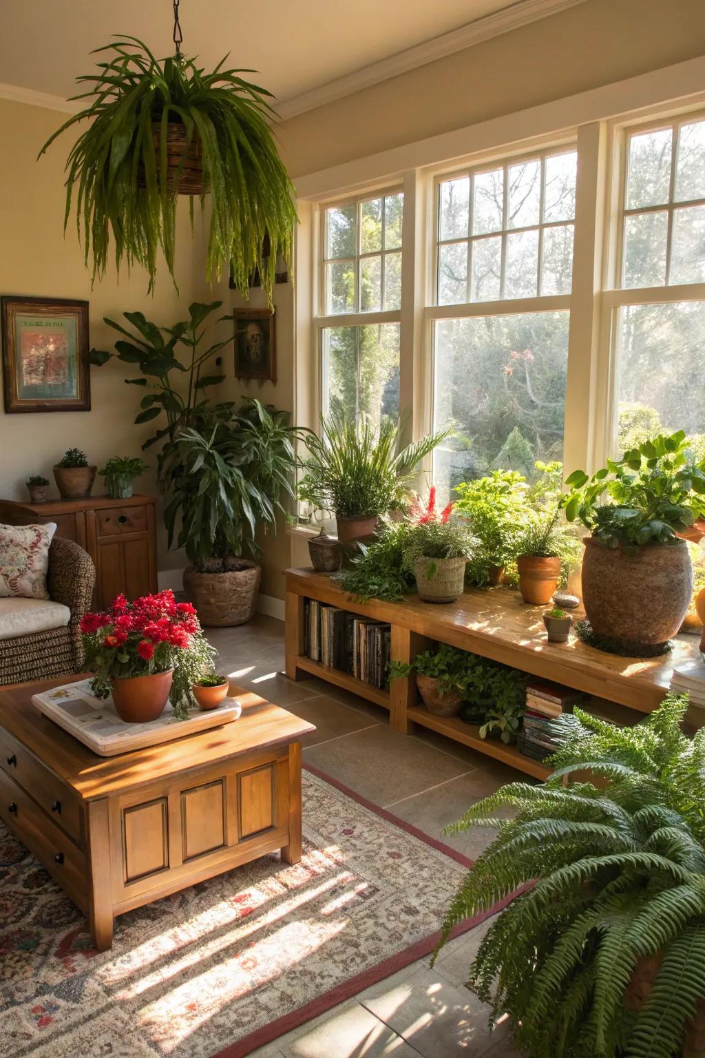 A family room infused with the freshness of indoor plants.